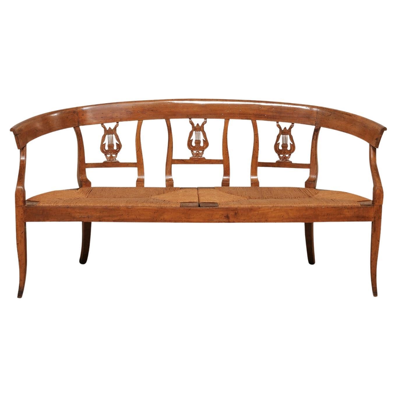 French Beautifully-Carved Wood Lyre-Back Splat Bench w/Rush Seat , 19th Century For Sale