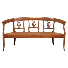 French Beautifully-Carved Wood Lyre-Back Splat Bench w/Rush Seat , 19th Century