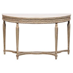 French Beautifully Detailed Wooden Demi-Lune w/Original Mable Top, Late 18th c