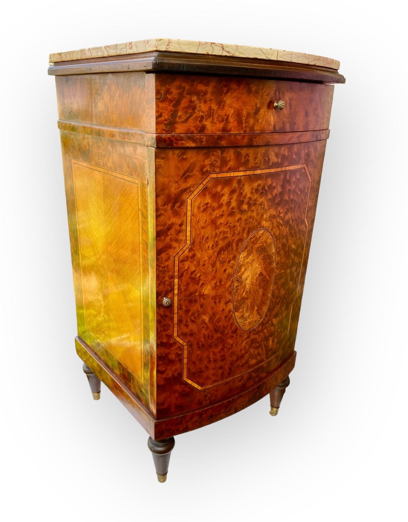 French Beaux Arts Inlaid Marquetry Burl Walnut Side Cabinet With Marble Tops  For Sale 4