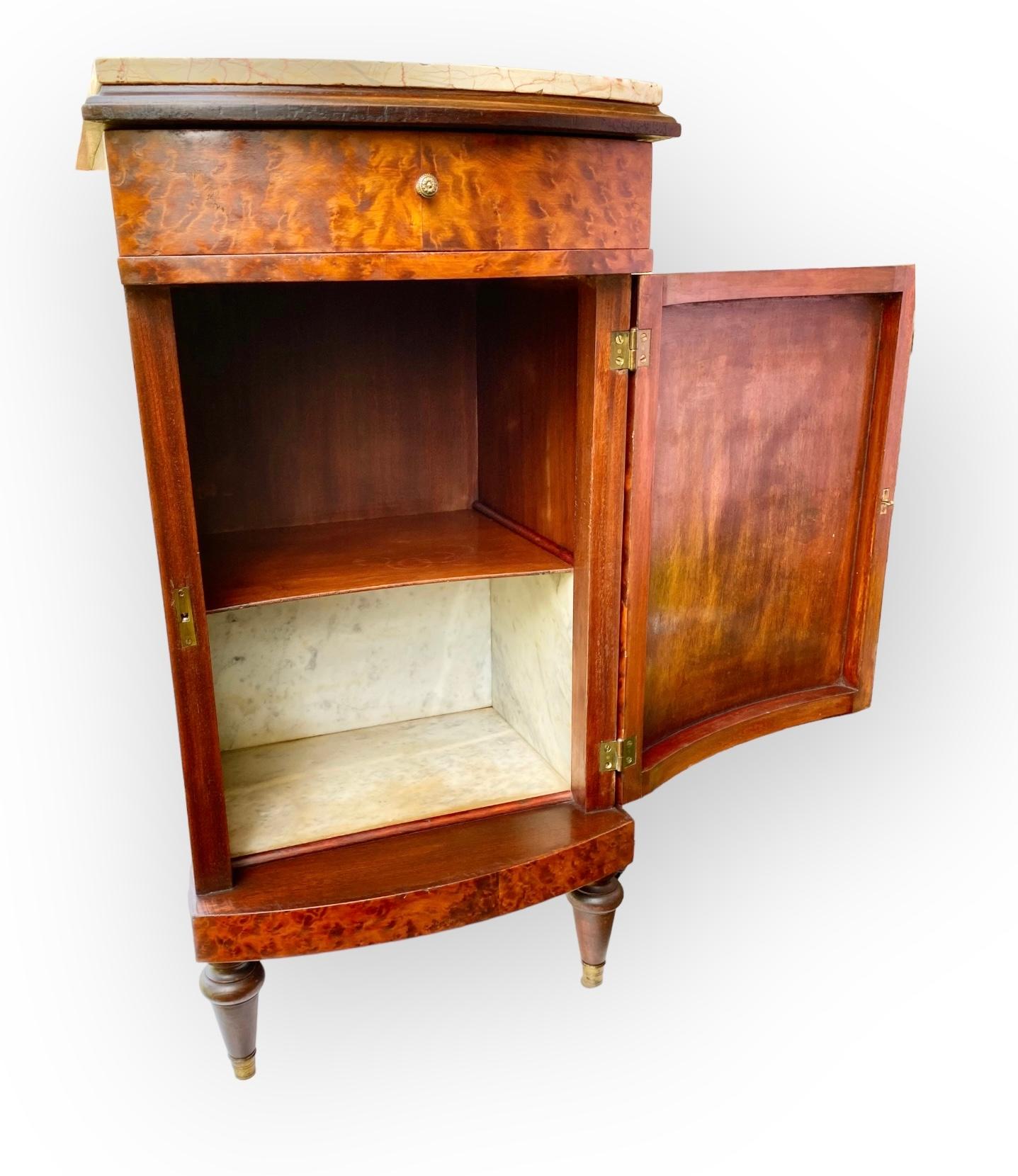 French Beaux Arts Inlaid Marquetry Burl Walnut Side Cabinet With Marble Tops  For Sale 6