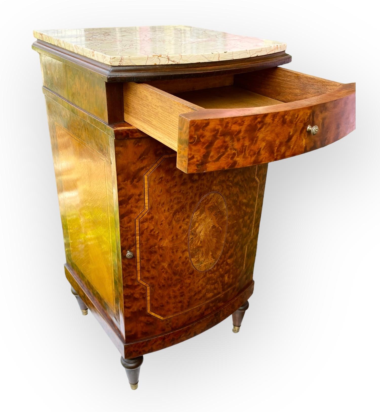 French Beaux Arts Inlaid Marquetry Burl Walnut Side Cabinet With Marble Tops  For Sale 8