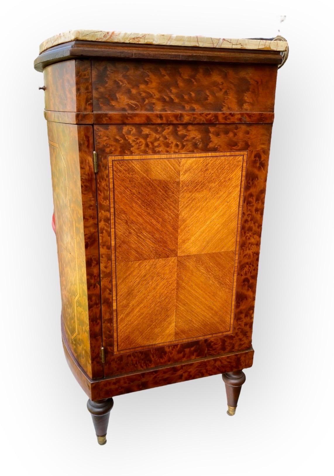 Veneer French Beaux Arts Inlaid Marquetry Burl Walnut Side Cabinet With Marble Tops  For Sale