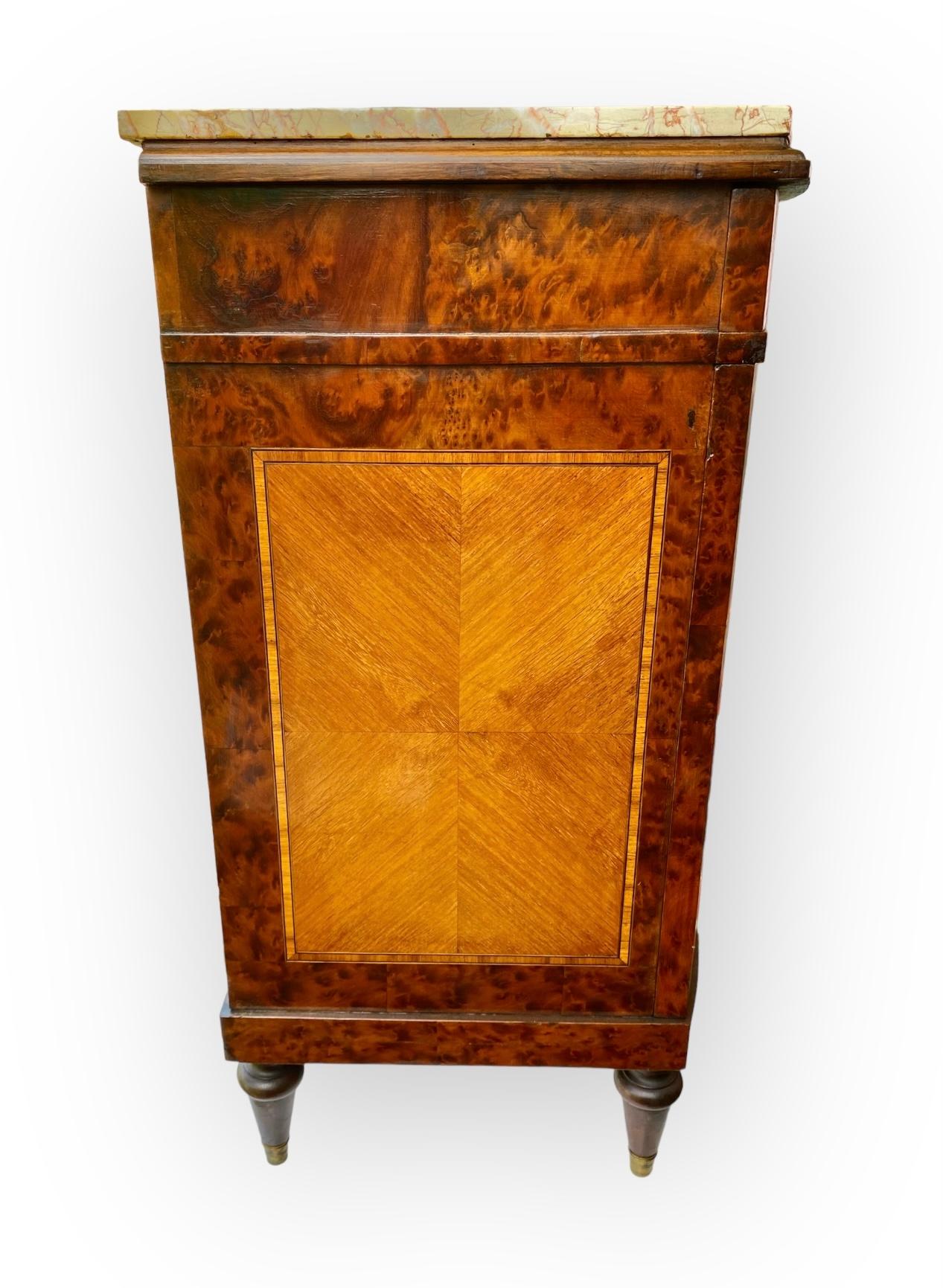 Bronze French Beaux Arts Inlaid Marquetry Burl Walnut Side Cabinet With Marble Tops  For Sale