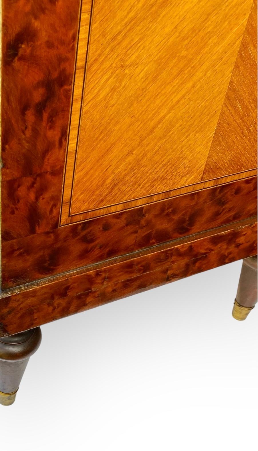 French Beaux Arts Inlaid Marquetry Burl Walnut Side Cabinet With Marble Tops  For Sale 1