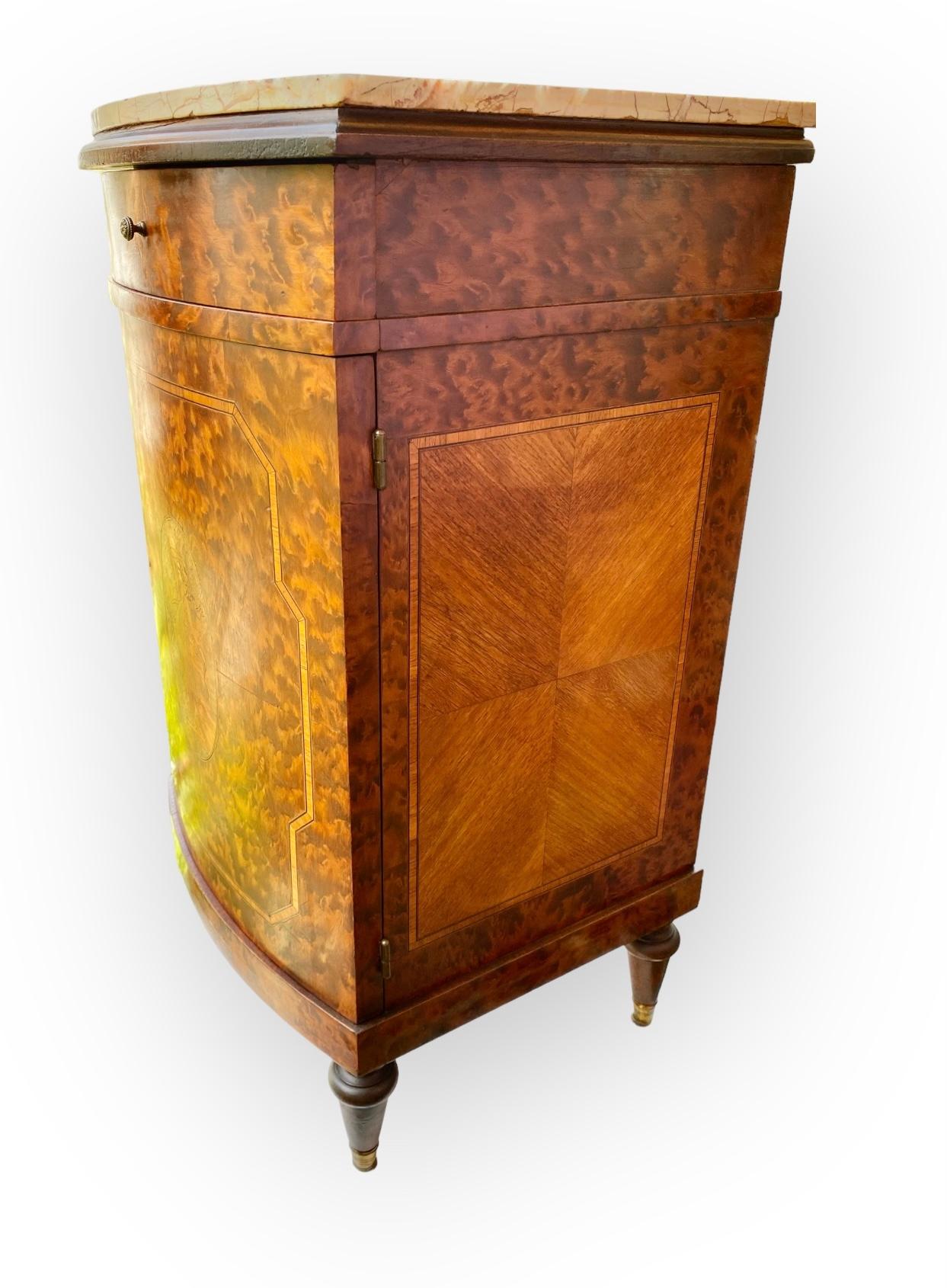 French Beaux Arts Inlaid Marquetry Burl Walnut Side Cabinet With Marble Tops  For Sale 3