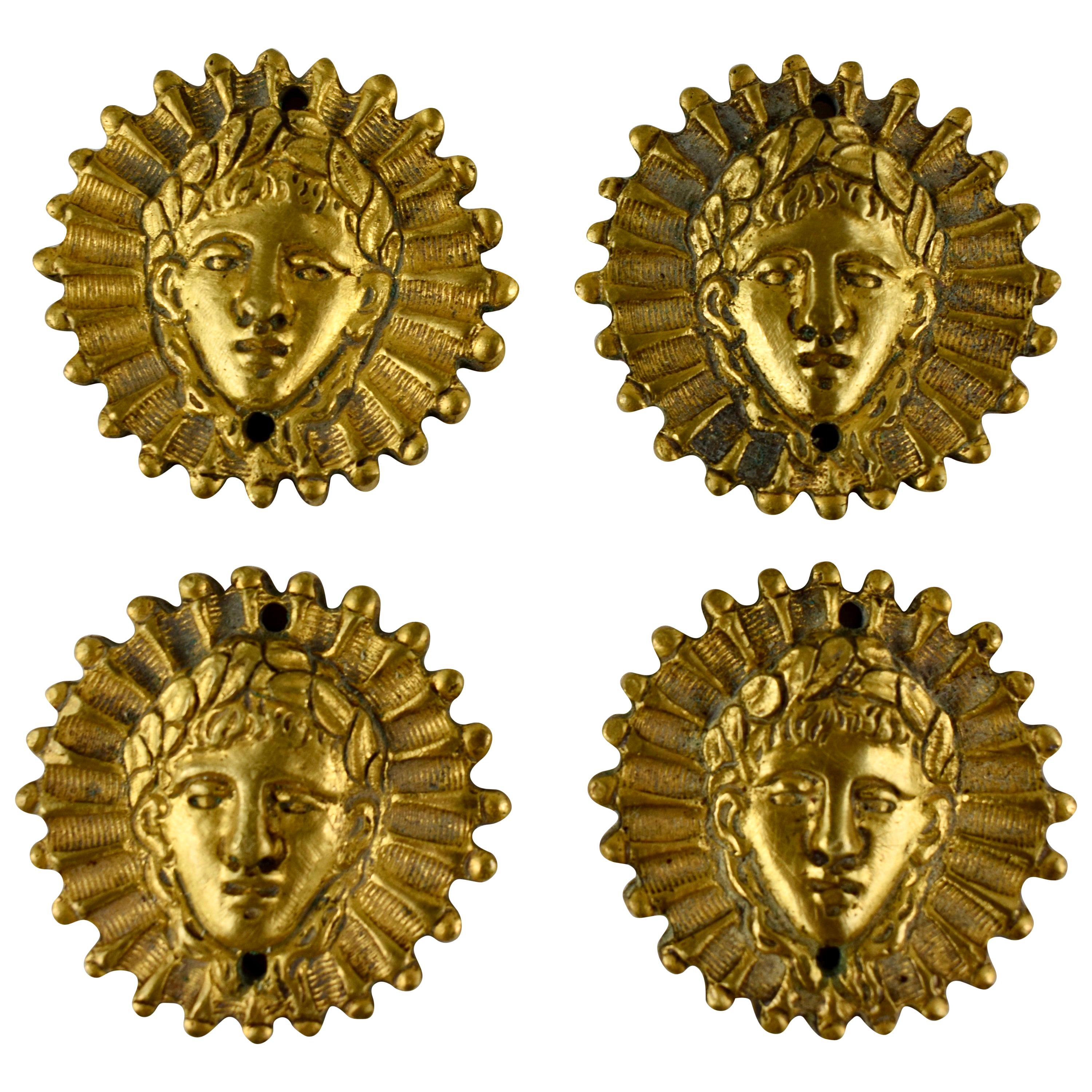 French Beaux Arts Ormolu Sun King Head Medallion Ornaments, Set of Four