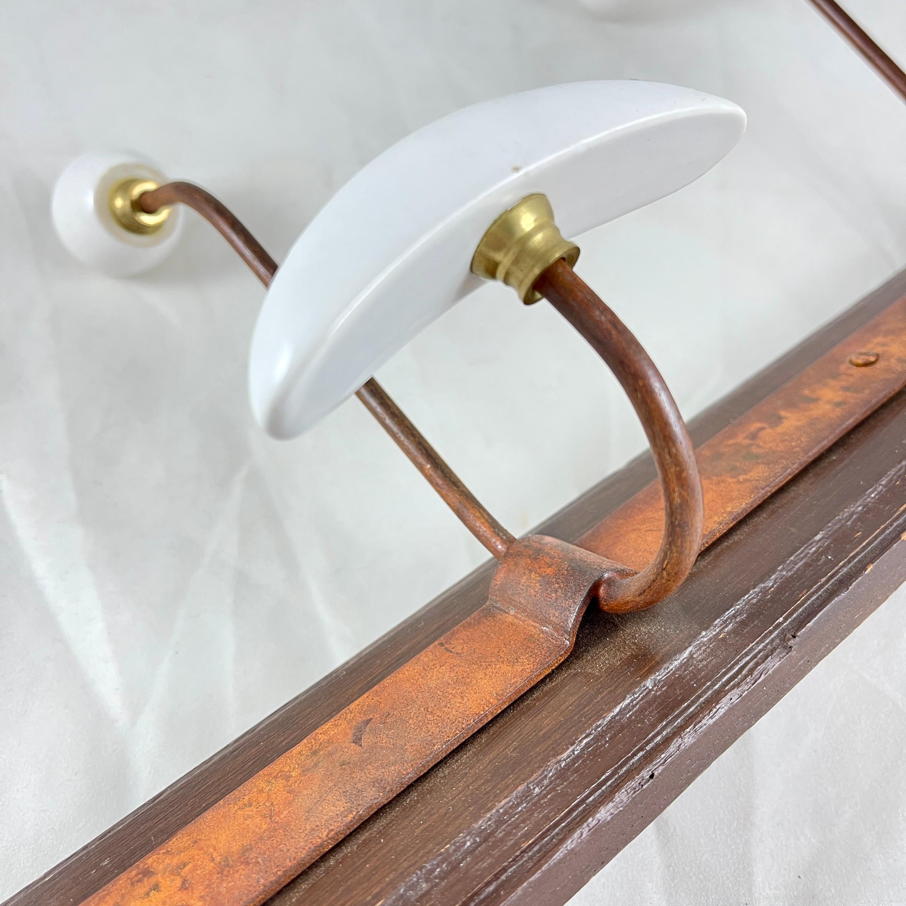 Metal French Beaux-Arts Wood and White Enamel Coat and Hat Rail For Sale