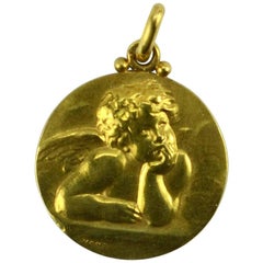 French Becker Médaille de charme en or 18 carats avec pendentif chérubin de Raphaël et lierre