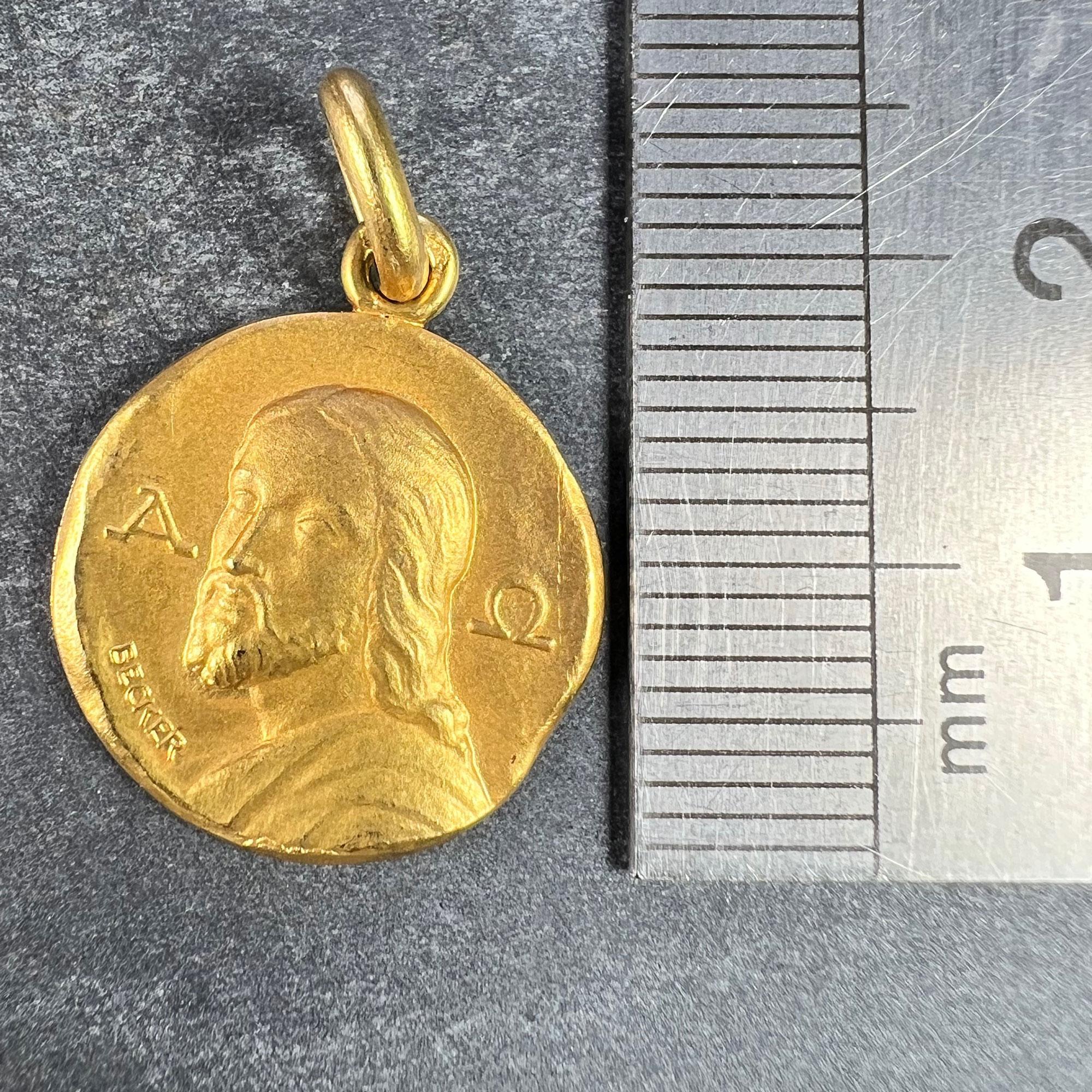 French Becker 18K Yellow Gold Jesus Christ Alpha Omega Medal Charm Pendant 6