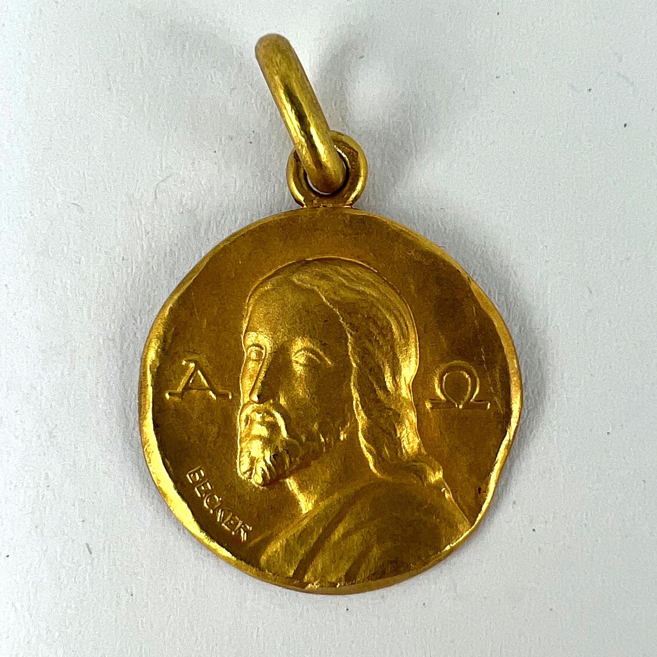 French Becker 18K Yellow Gold Jesus Christ Alpha Omega Medal Charm Pendant 8