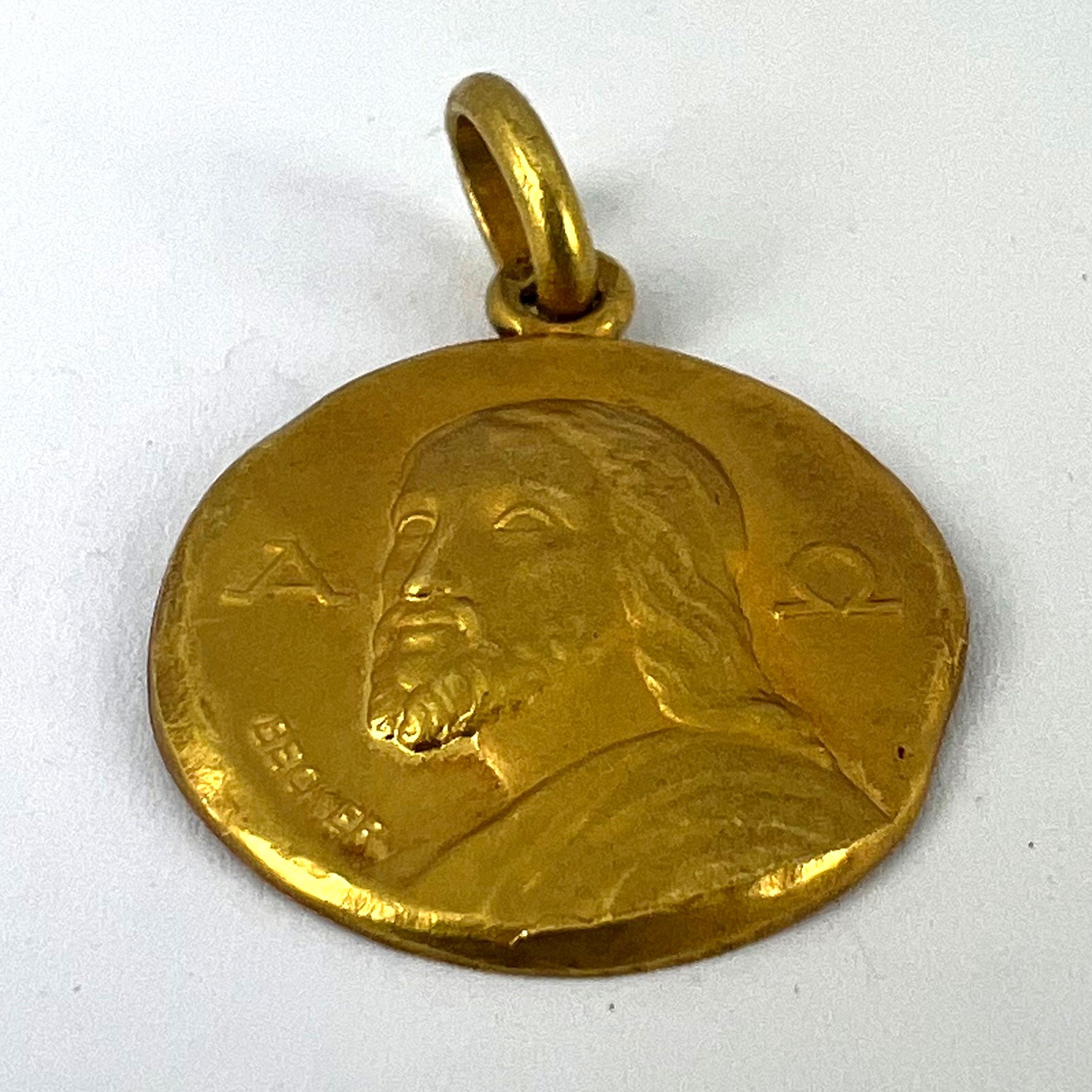 French Becker 18K Yellow Gold Jesus Christ Alpha Omega Medal Charm Pendant 10