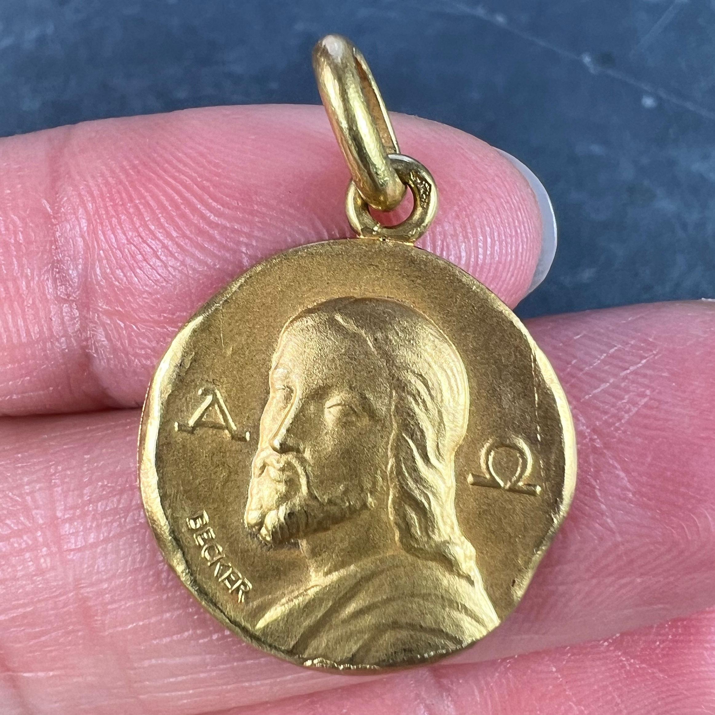 French Becker 18K Yellow Gold Jesus Christ Alpha Omega Medal Charm Pendant 1