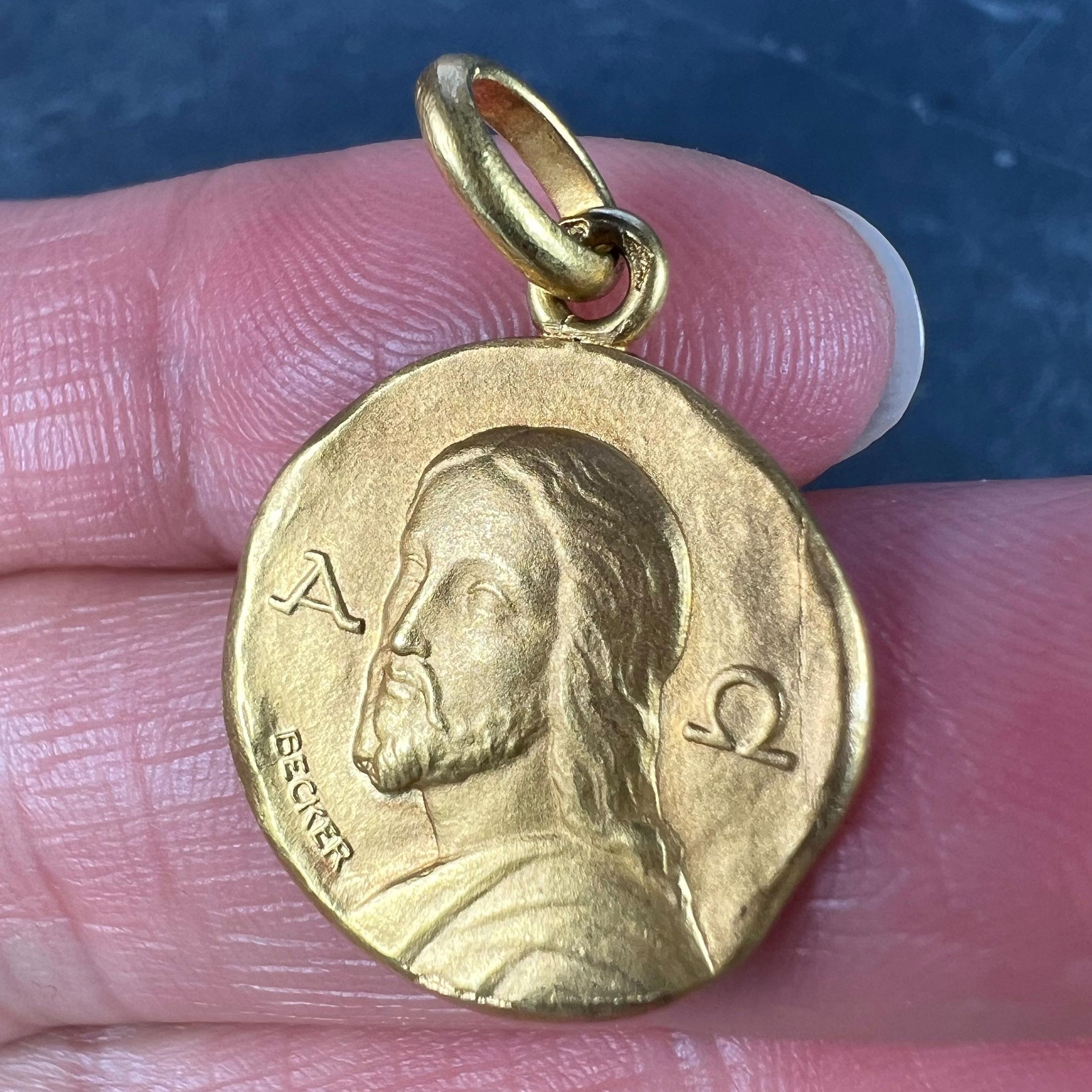French Becker 18K Yellow Gold Jesus Christ Alpha Omega Medal Charm Pendant 2