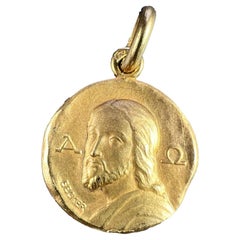 French Becker 18K Yellow Gold Jesus Christ Alpha Omega Medal Charm Pendant