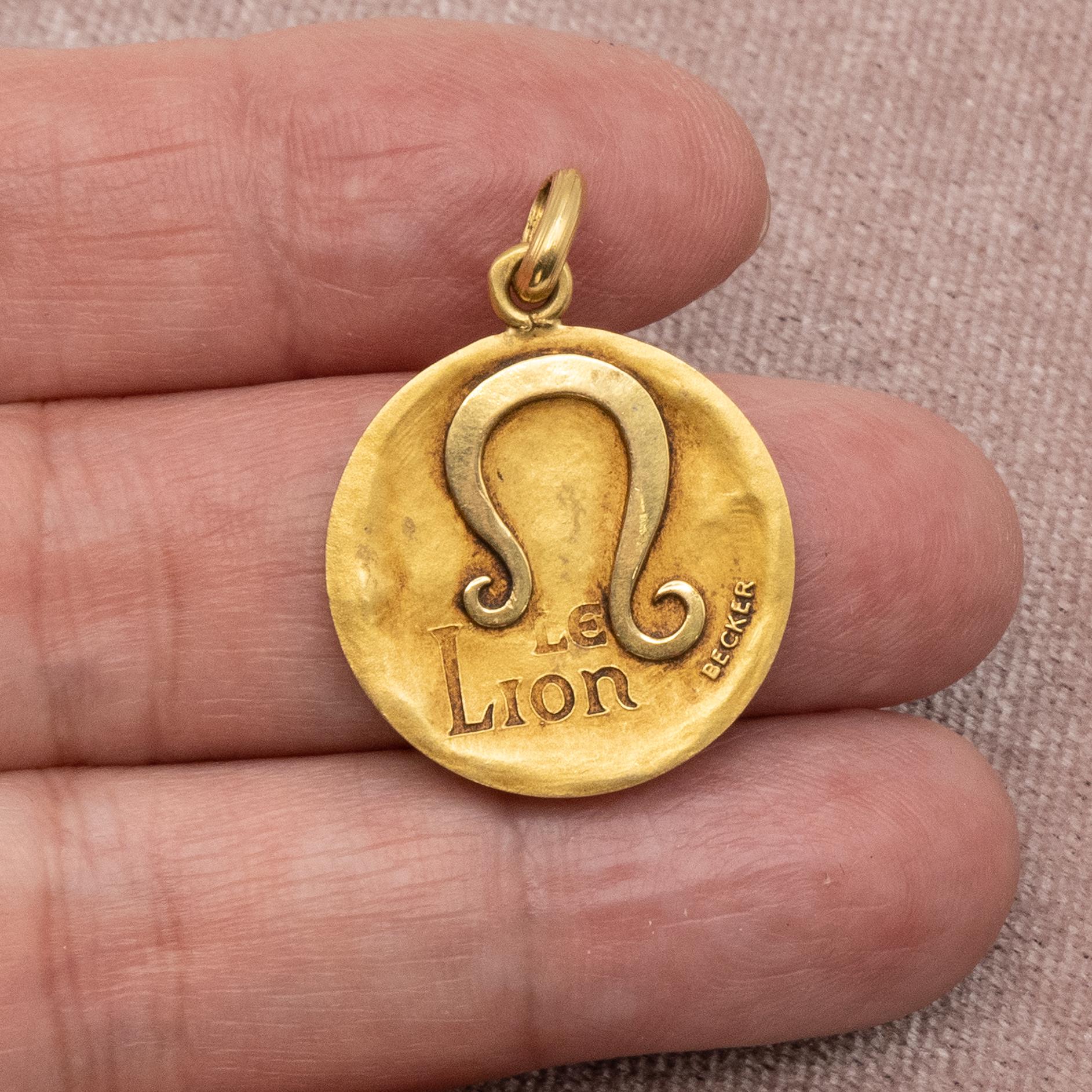 Women's or Men's French Becker 18K Yellow Gold Leo Double Sided Zodiac Charm Pendant