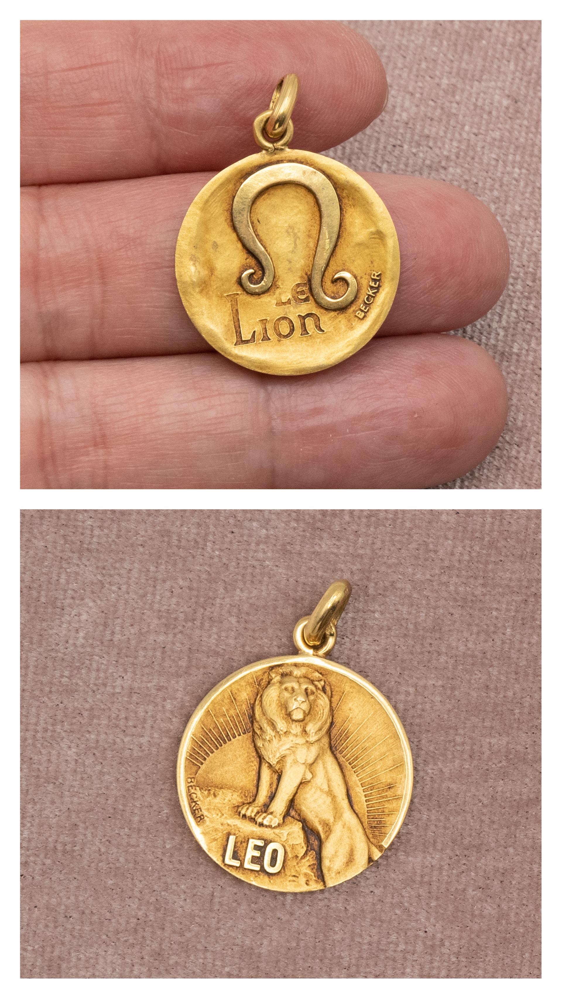 French Becker 18K Yellow Gold Leo Double Sided Zodiac Charm Pendant 1