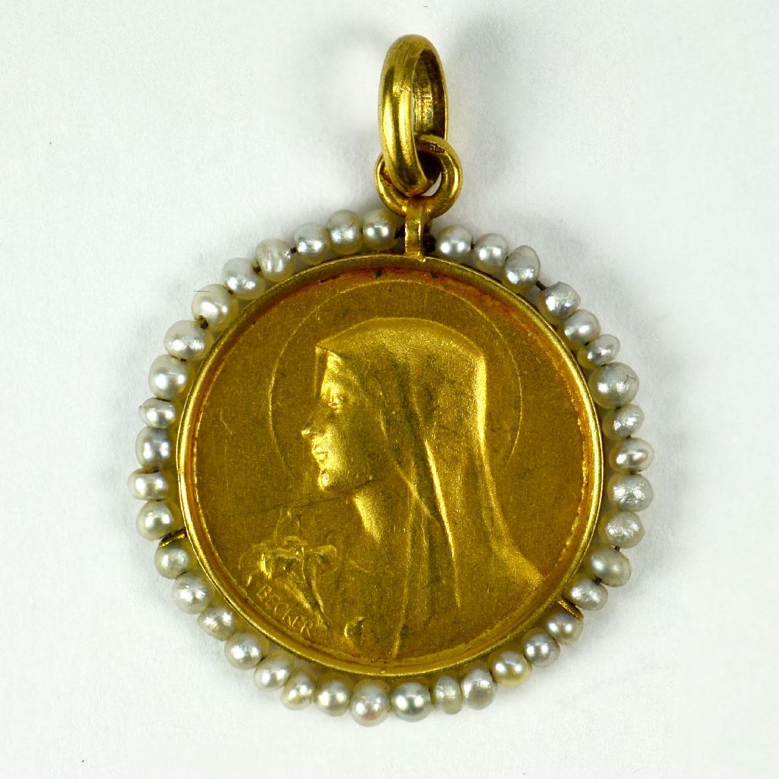 French Becker 18K Yellow Gold Pearl Virgin Mary Charm Pendant In Good Condition In London, GB