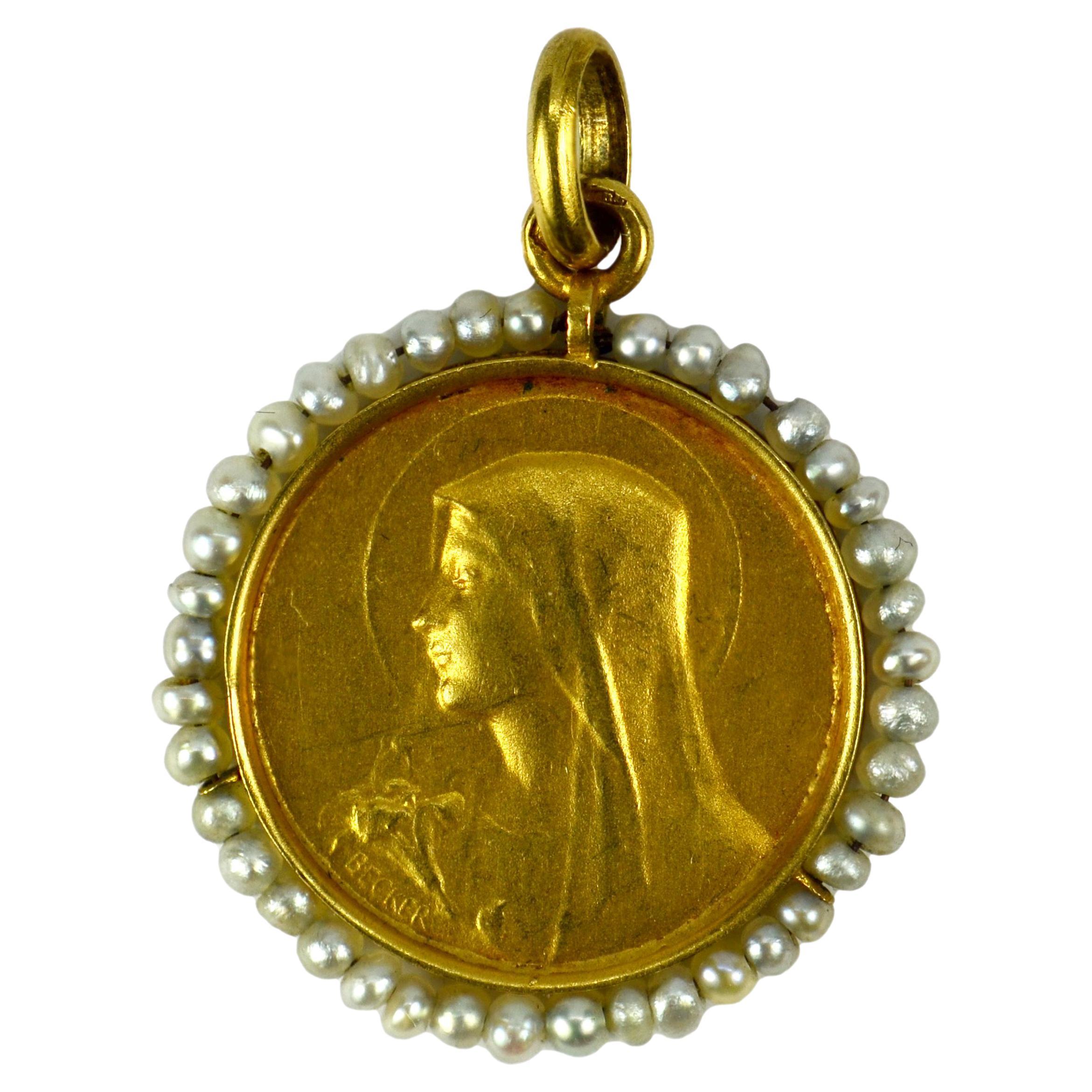 French Becker 18K Yellow Gold Pearl Virgin Mary Charm Pendant