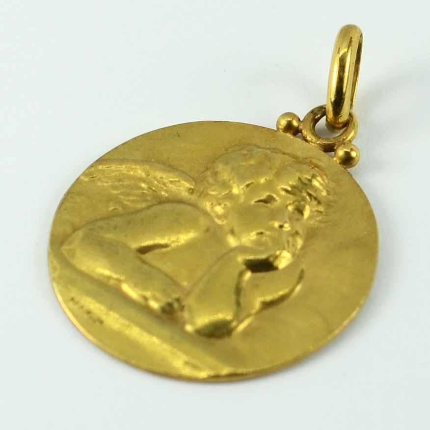 French Becker 18 Karat Gold Raphael's Cherub Rose Ivy Charm Pendant Medal In Good Condition In London, GB