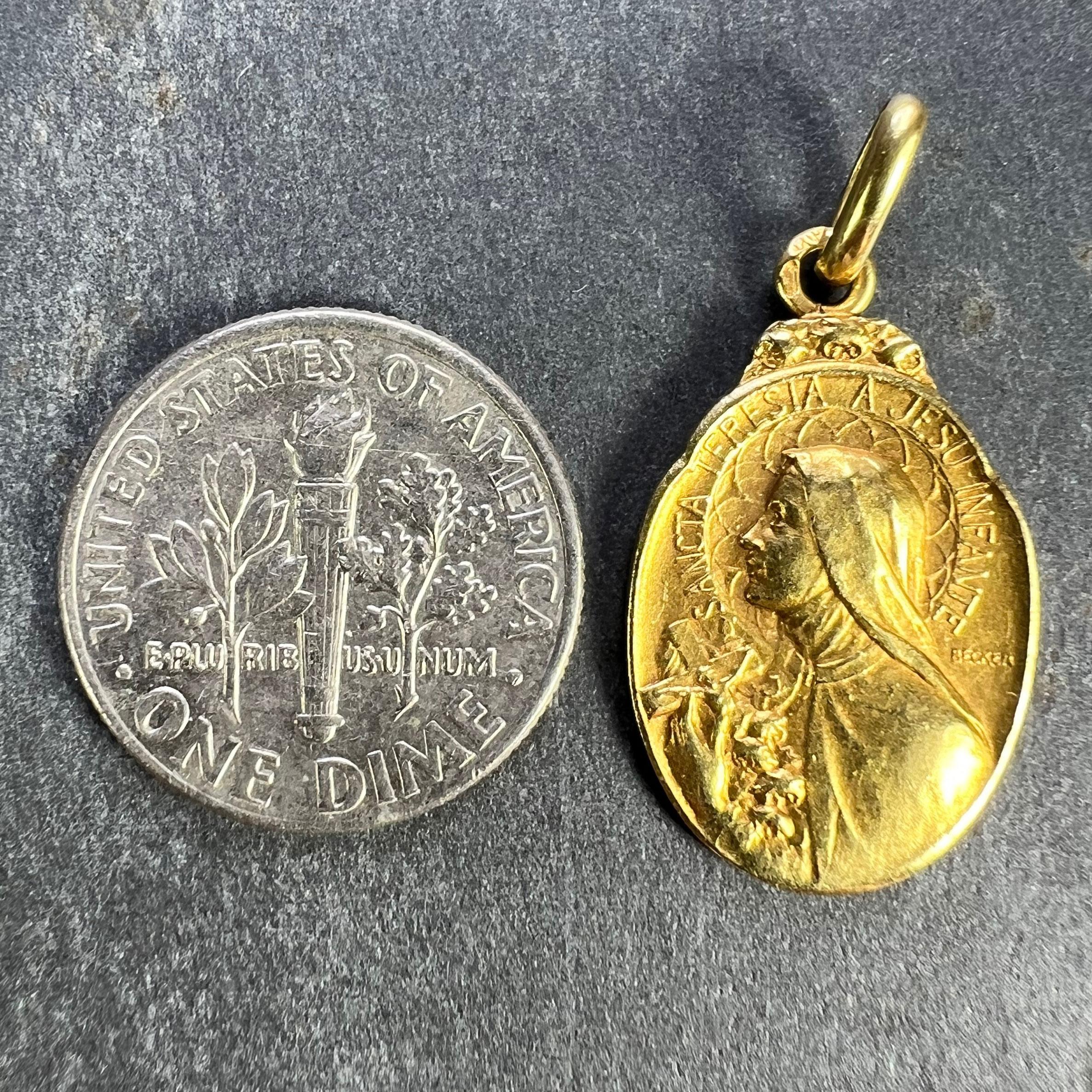 French Becker 18K Yellow Gold St Therese Charm Medal Pendant For Sale 6