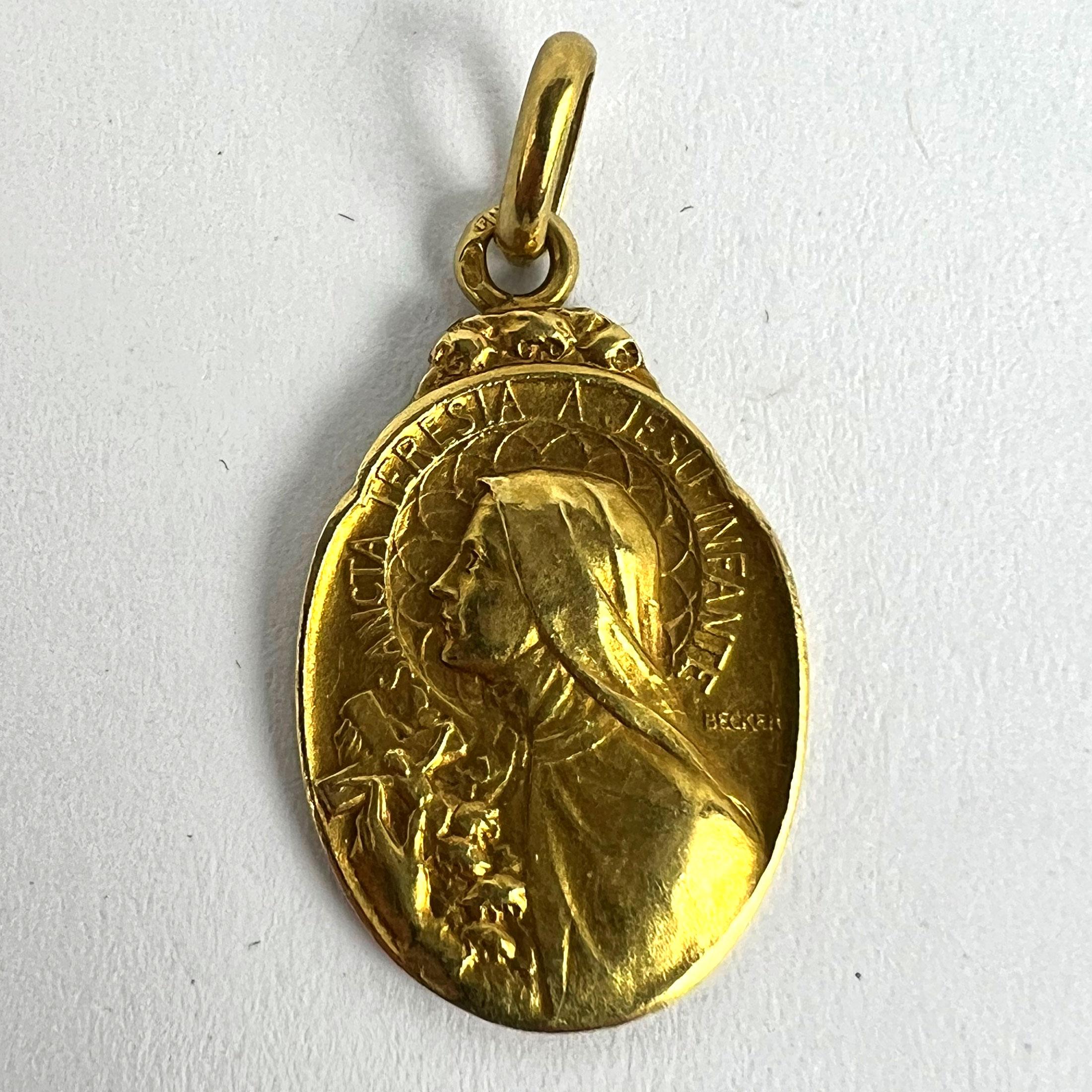 French Becker 18K Yellow Gold St Therese Charm Medal Pendant For Sale 7
