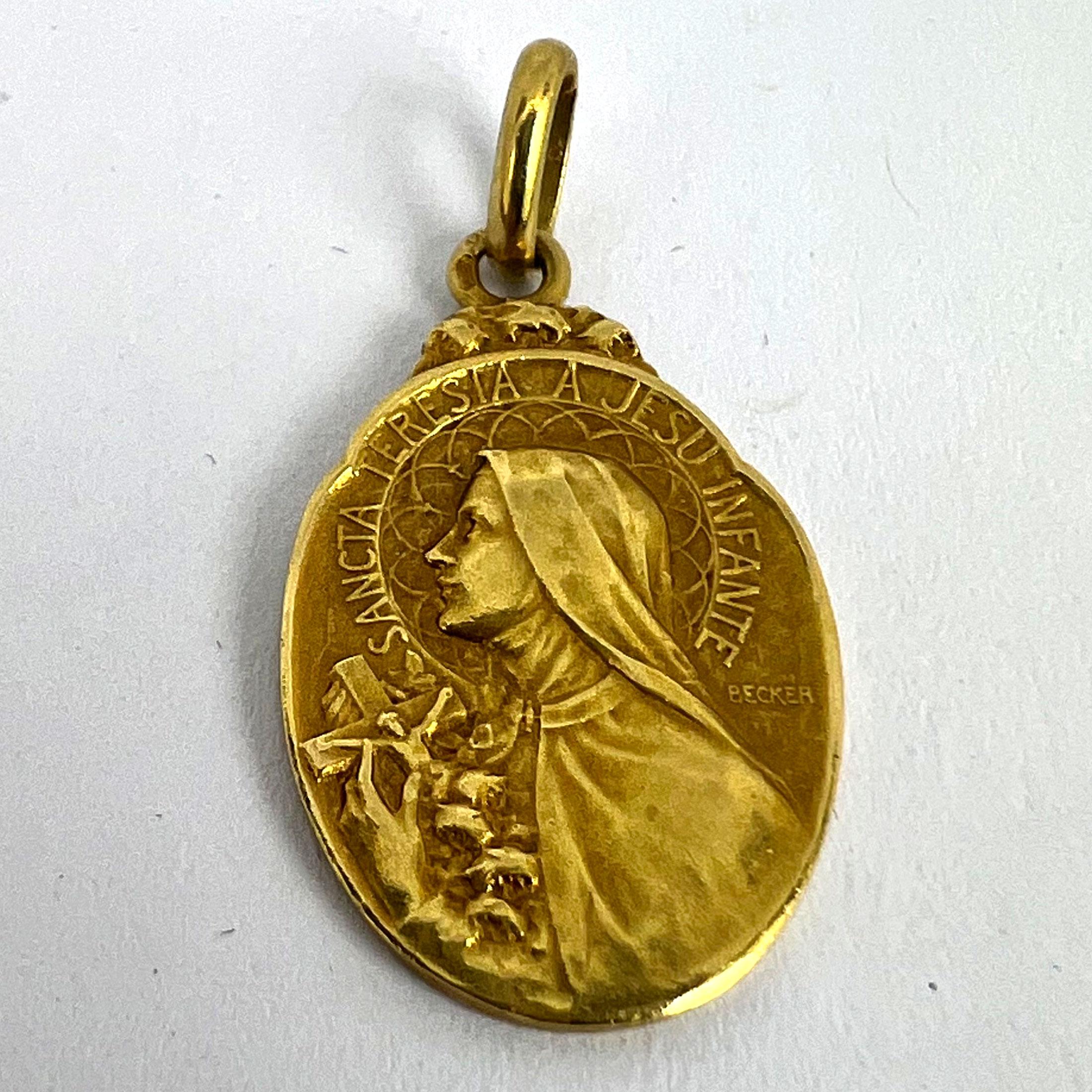 French Becker 18K Yellow Gold St Therese Charm Medal Pendant For Sale 8