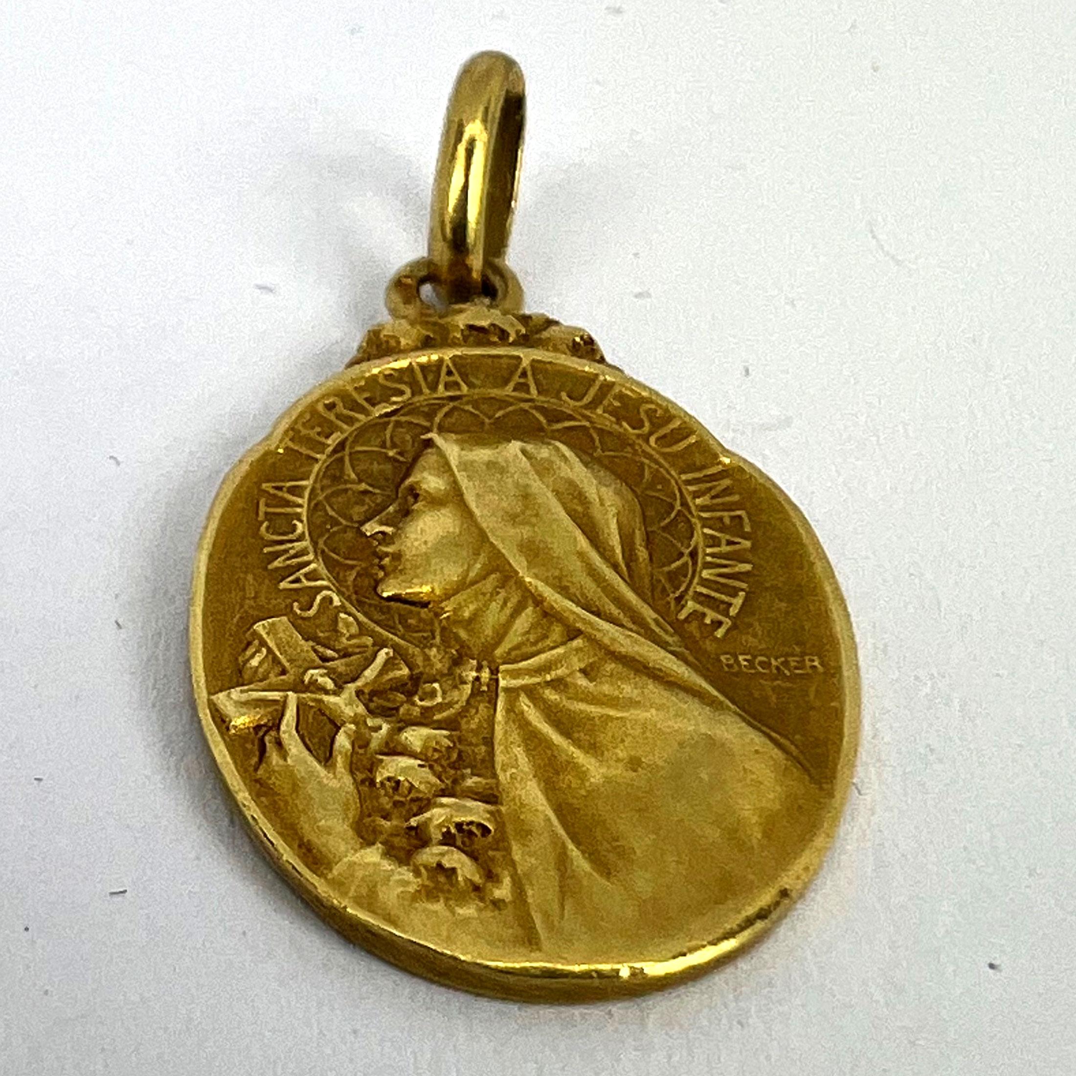 French Becker 18K Yellow Gold St Therese Charm Medal Pendant For Sale 9