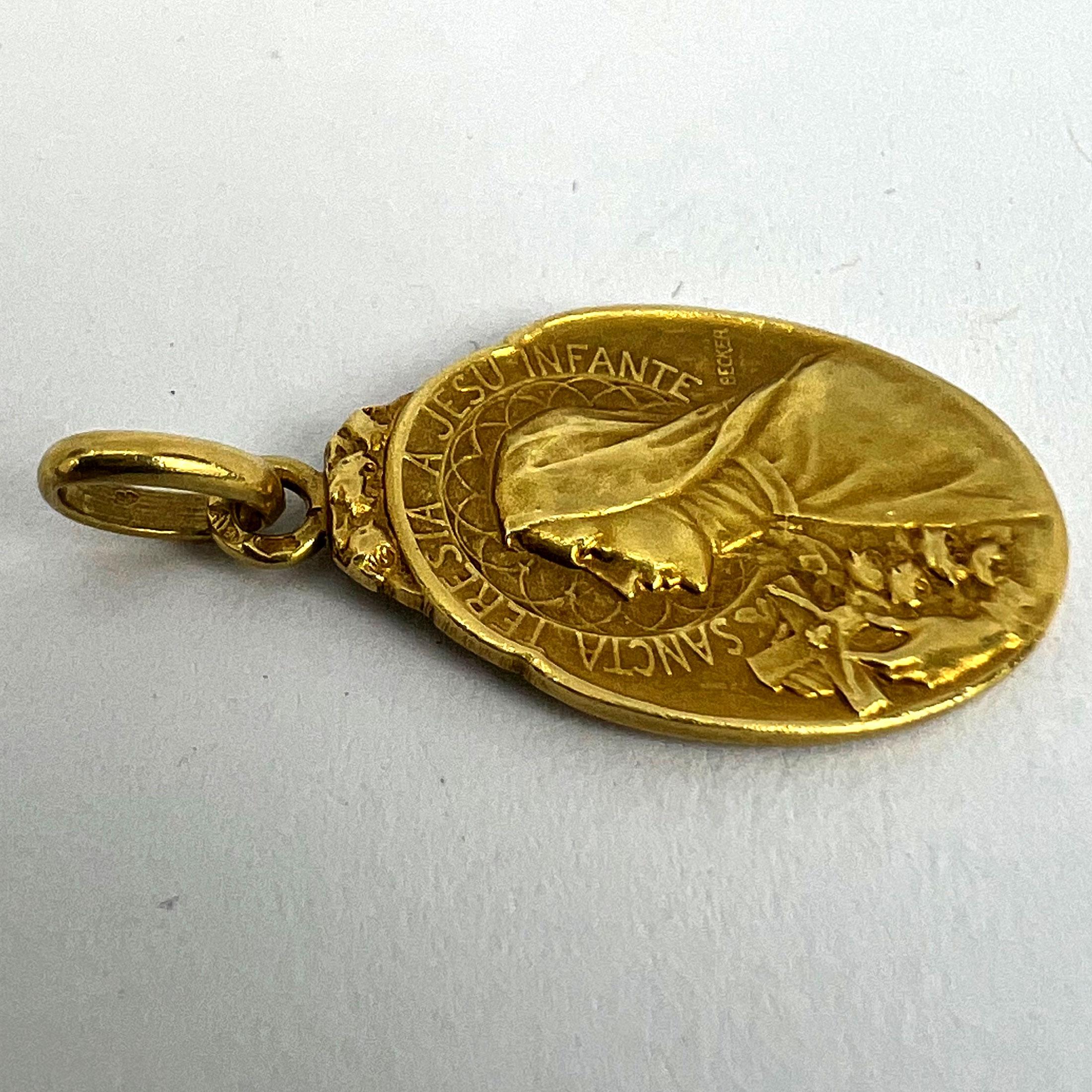 French Becker 18K Yellow Gold St Therese Charm Medal Pendant For Sale 10