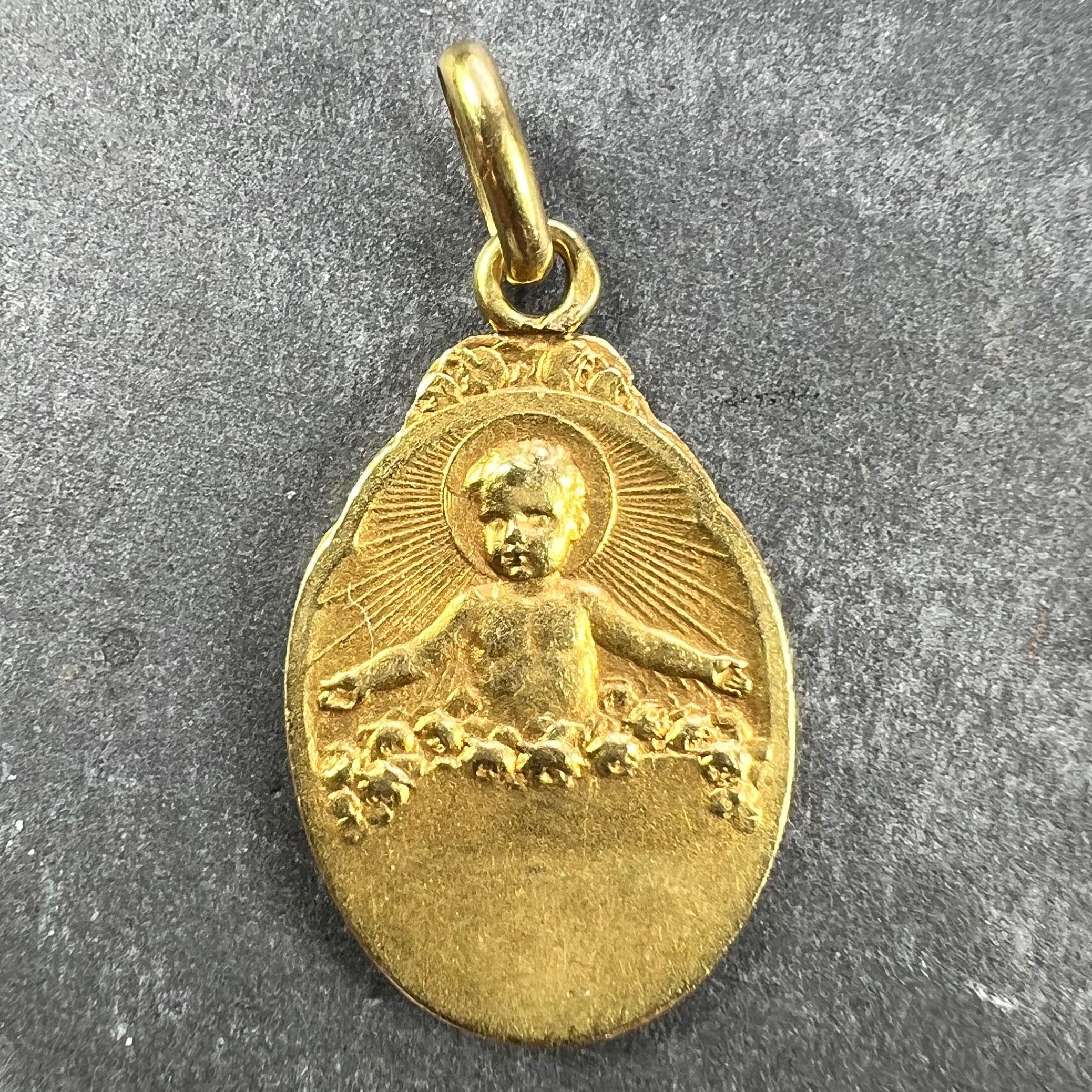 French Becker 18K Yellow Gold St Therese Charm Medal Pendant In Good Condition For Sale In London, GB