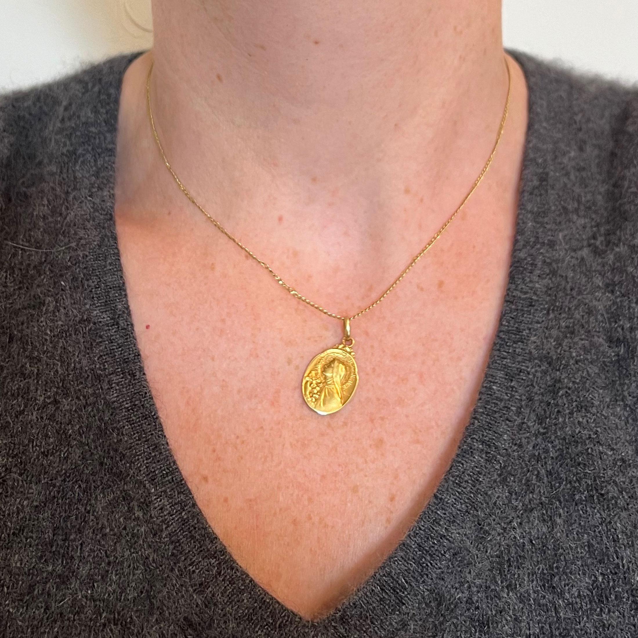 Women's French Becker 18K Yellow Gold St Therese Charm Medal Pendant For Sale