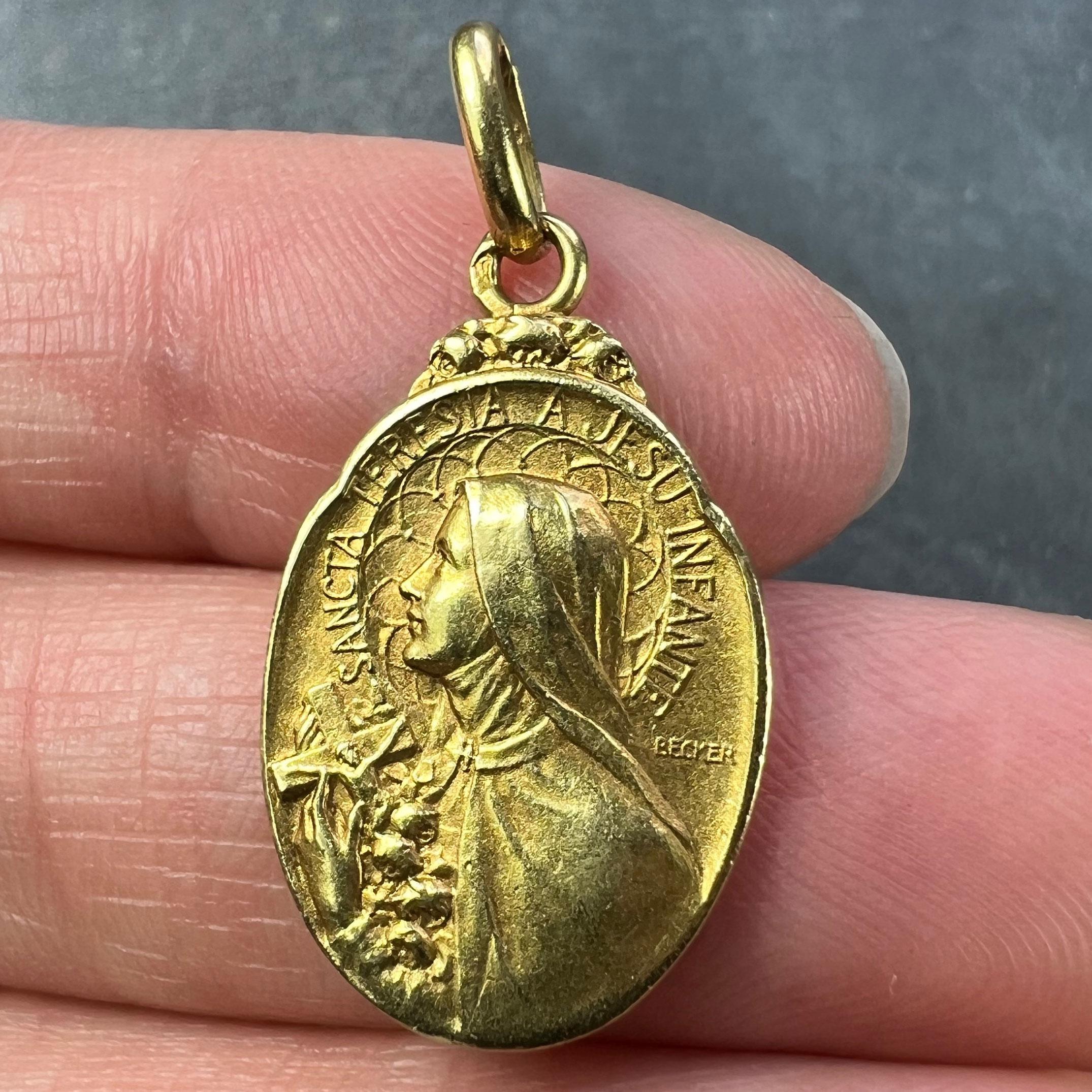 French Becker 18K Yellow Gold St Therese Charm Medal Pendant For Sale 1