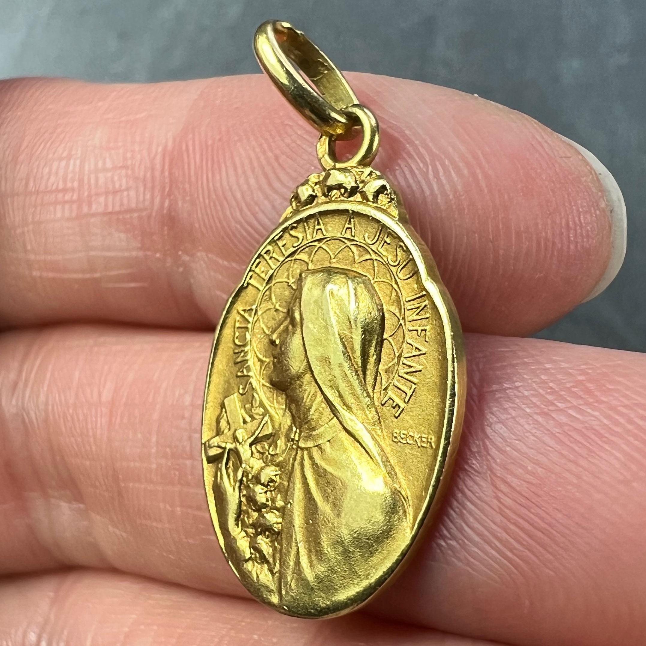 French Becker 18K Yellow Gold St Therese Charm Medal Pendant For Sale 2