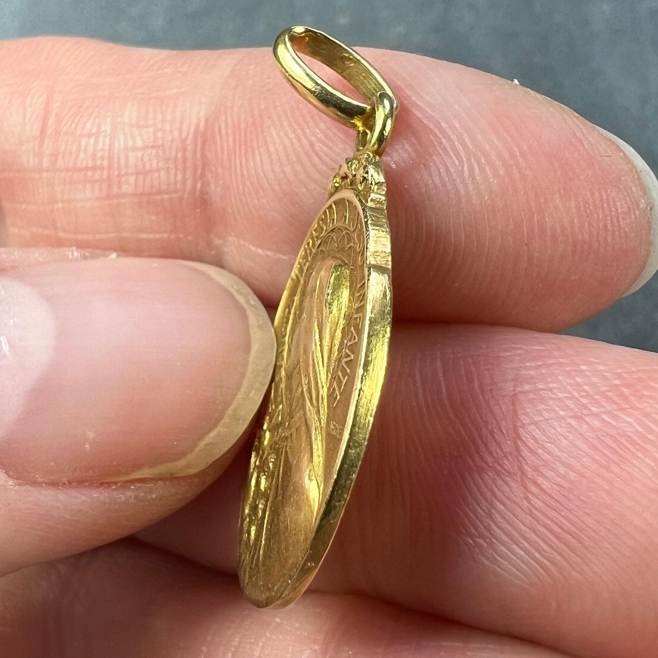 French Becker 18K Yellow Gold St Therese Charm Medal Pendant For Sale 3