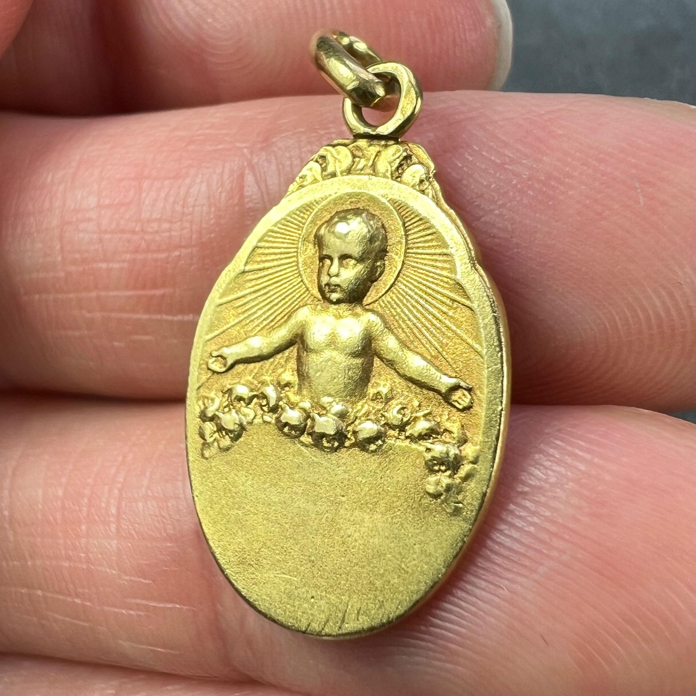 French Becker 18K Yellow Gold St Therese Charm Medal Pendant For Sale 4
