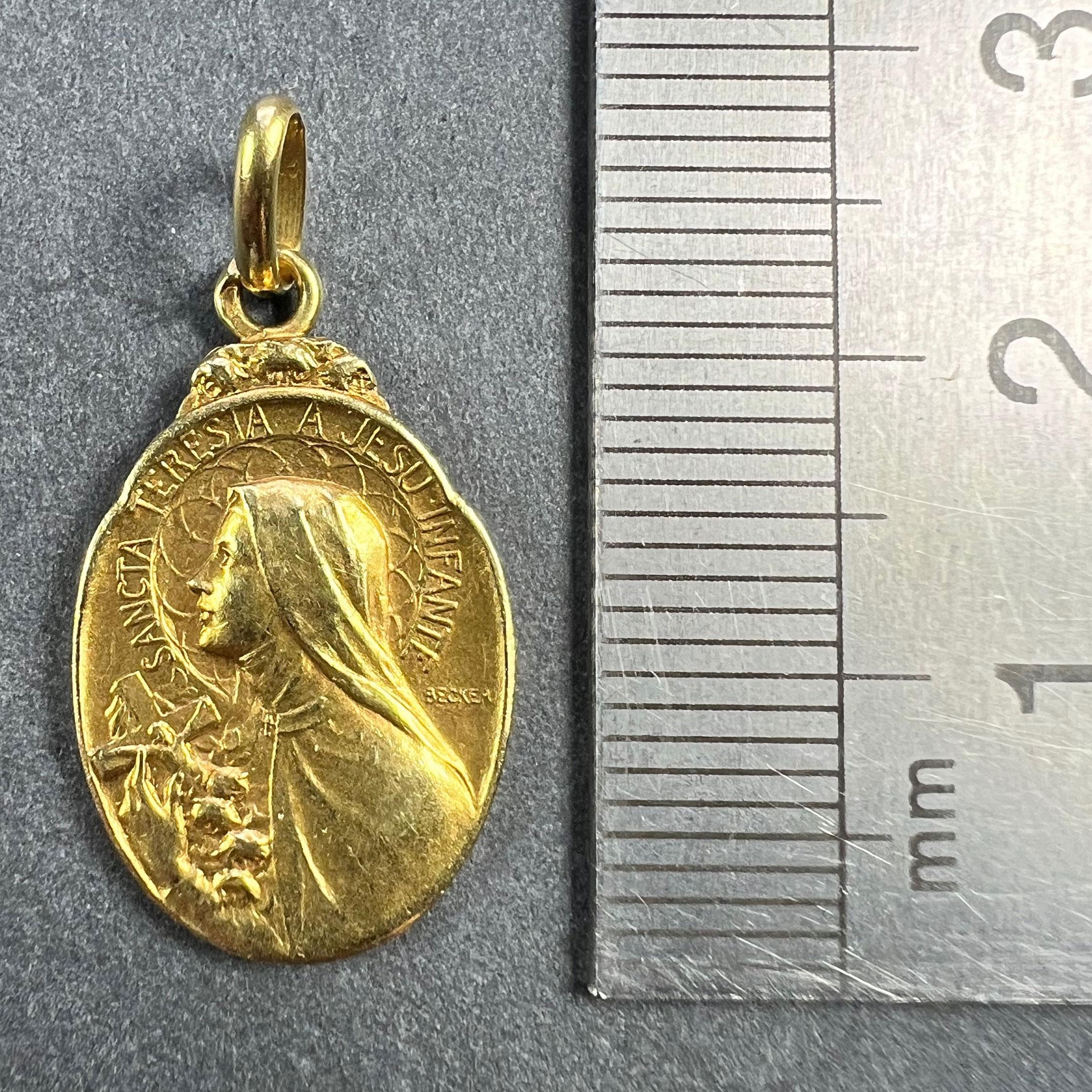 French Becker 18K Yellow Gold St Therese Charm Medal Pendant For Sale 5