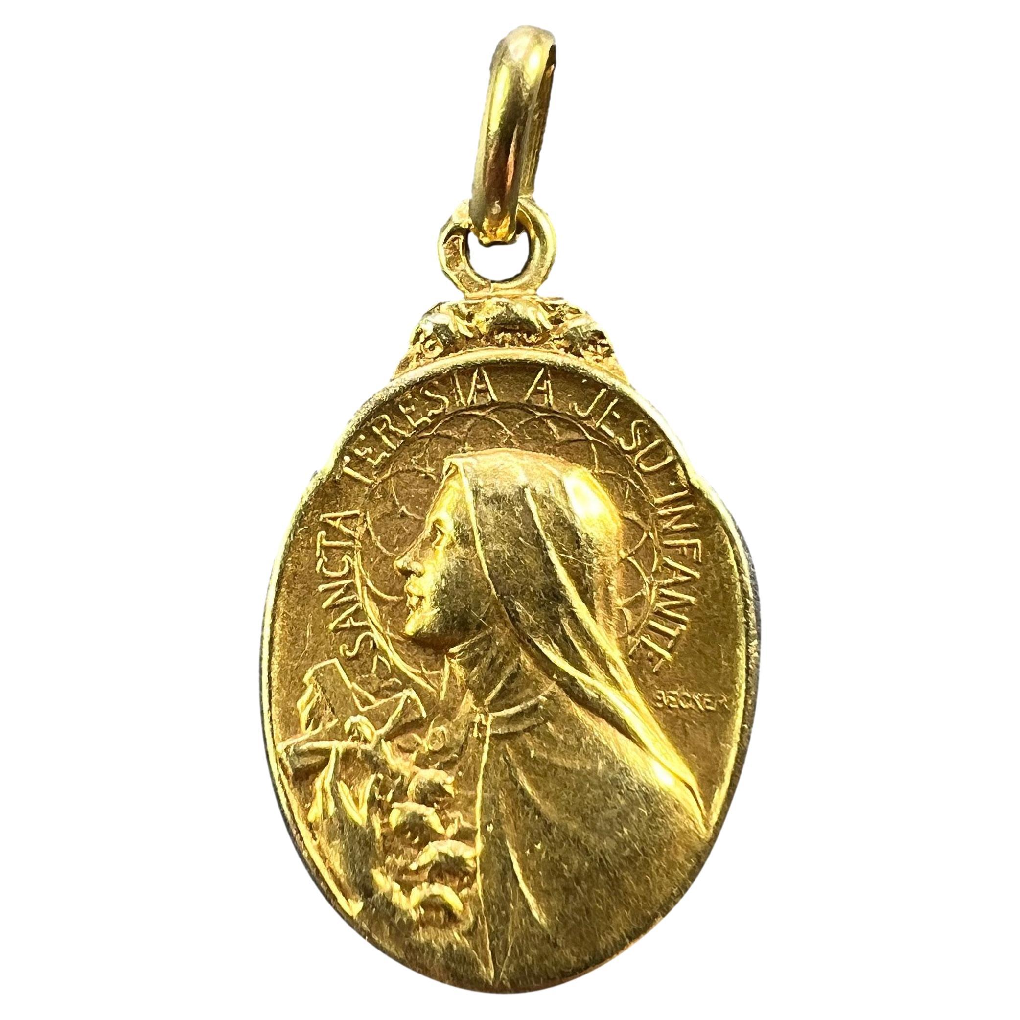 French Becker 18K Yellow Gold St Therese Charm Medal Pendant
