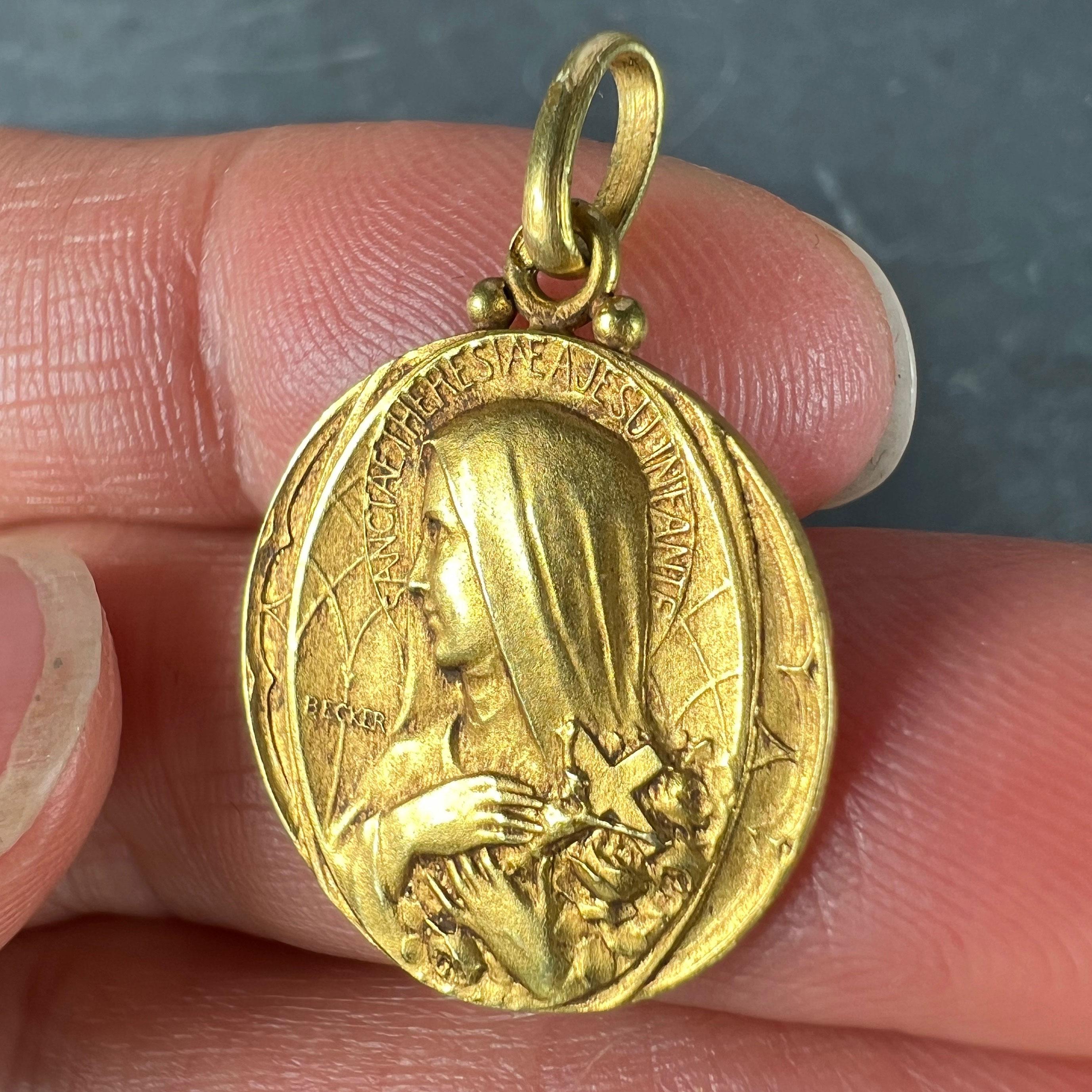French Becker 18K Yellow Gold St Therese Charm Pendant  For Sale 2