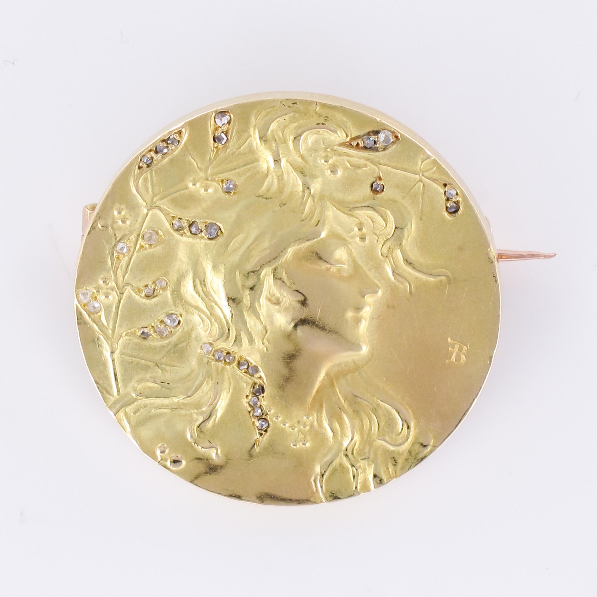 French Becker Art Nouveau Rose-Cut Diamond 18 Karat Yellow Gold Brooch For Sale 6