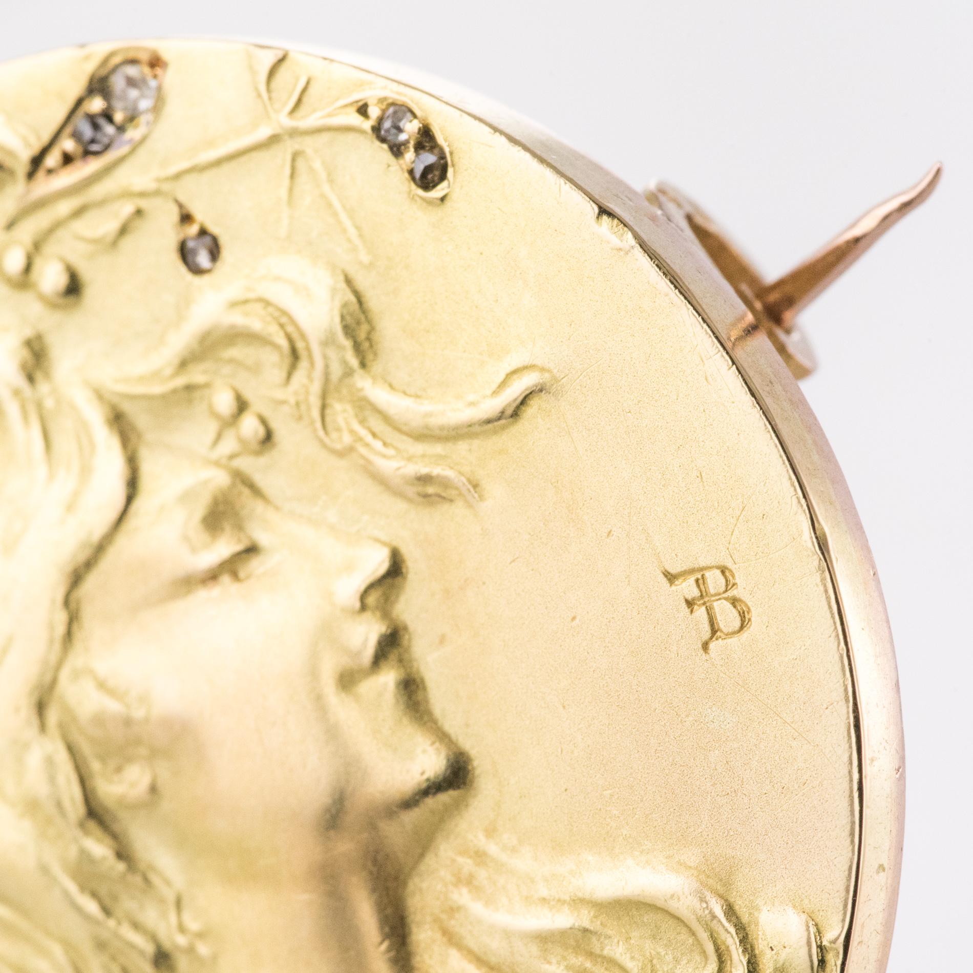 French Becker Art Nouveau Rose-Cut Diamond 18 Karat Yellow Gold Brooch For Sale 2