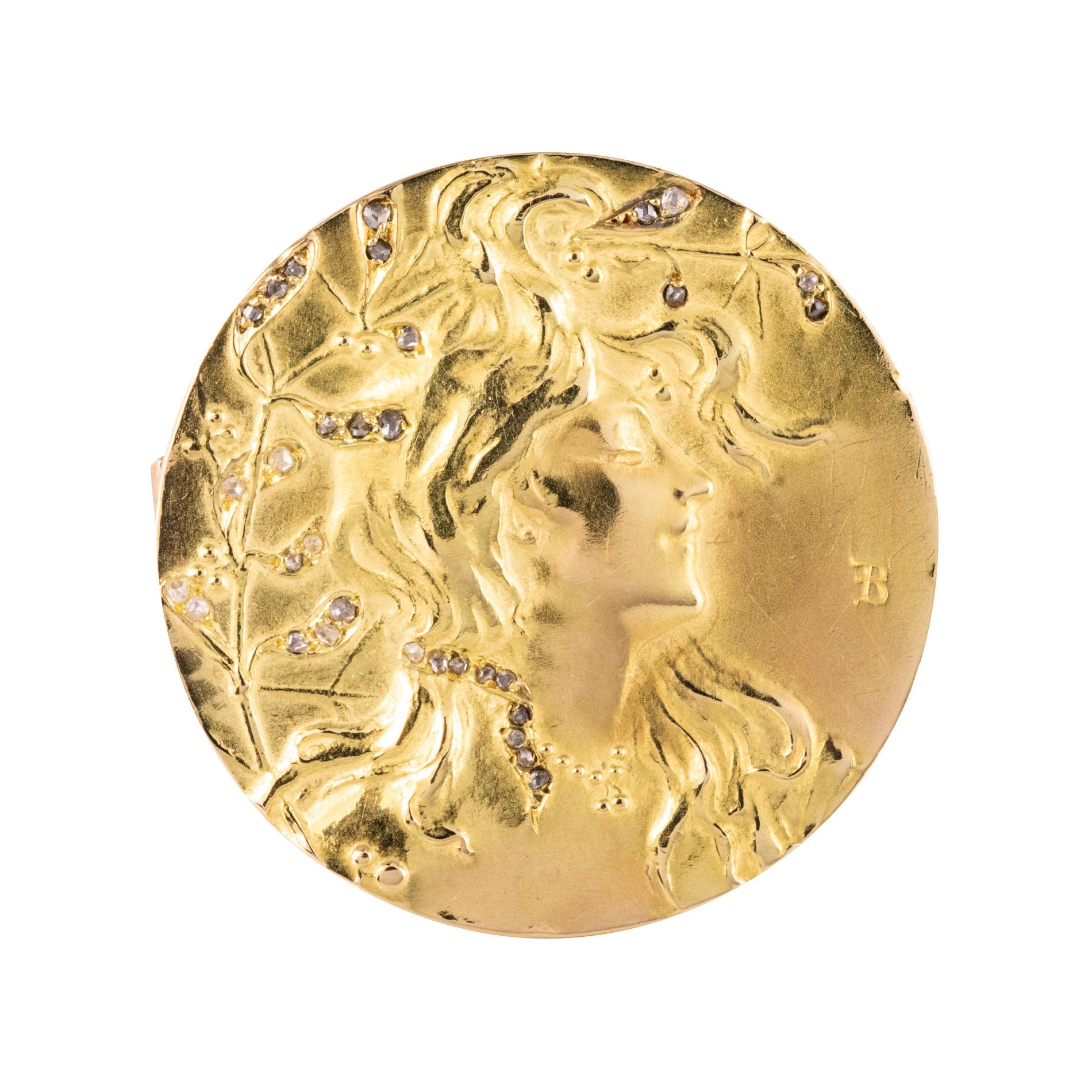 French Becker Art Nouveau Rose-Cut Diamond 18 Karat Yellow Gold Brooch For Sale