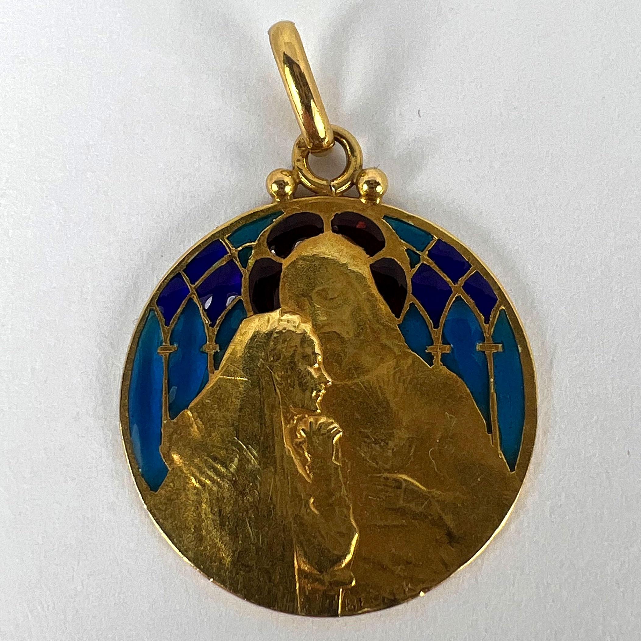 French Becker Holy Communion Plique-A-Jour Enamel 18K Yellow Gold Pendant Medal For Sale 9