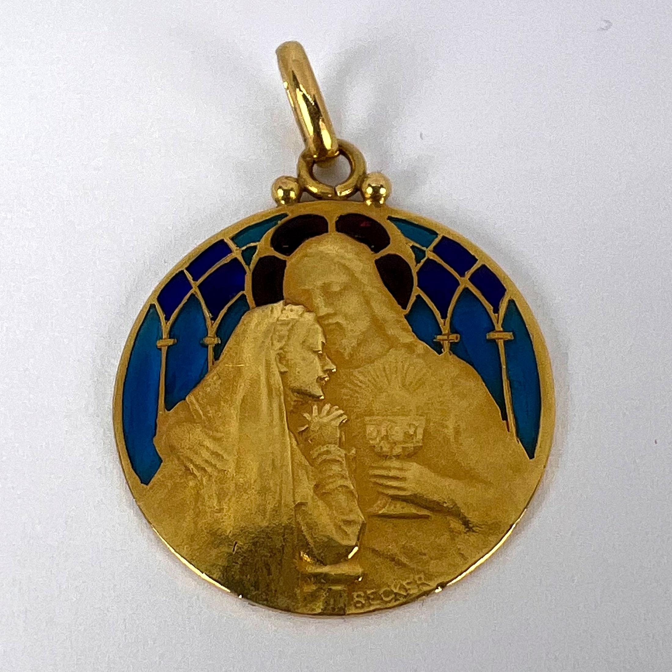 French Becker Holy Communion Plique-A-Jour Enamel 18K Yellow Gold Pendant Medal For Sale 10