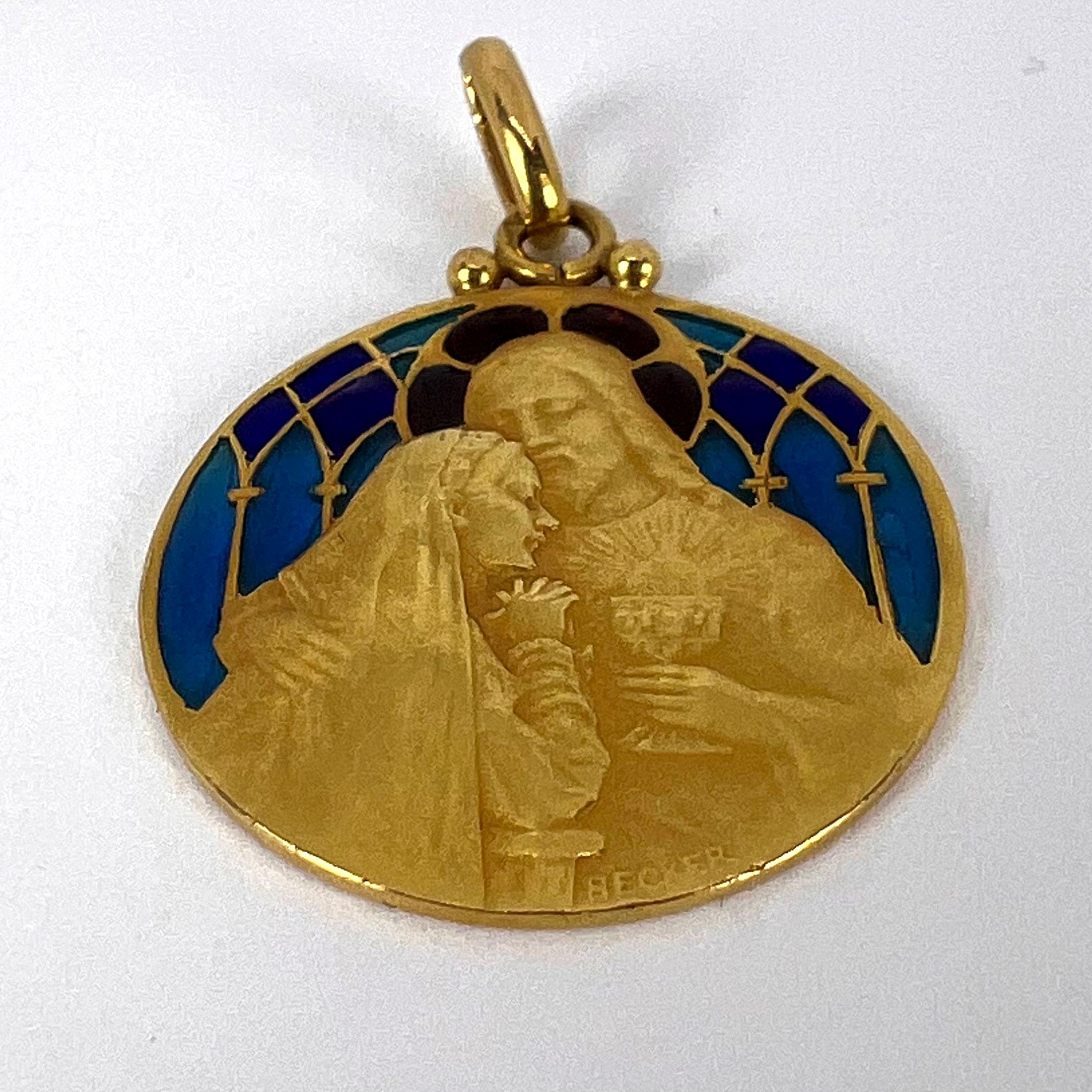 French Becker Holy Communion Plique-A-Jour Enamel 18K Yellow Gold Pendant Medal For Sale 11