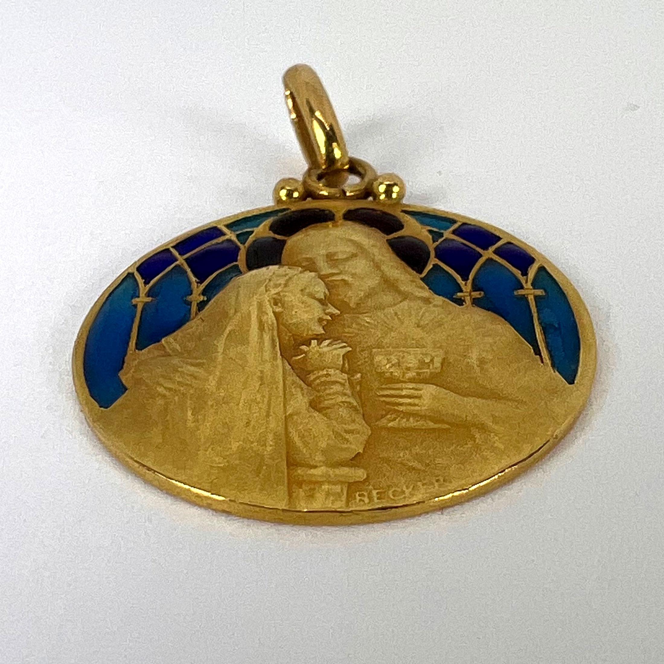 French Becker Holy Communion Plique-A-Jour Enamel 18K Yellow Gold Pendant Medal For Sale 12