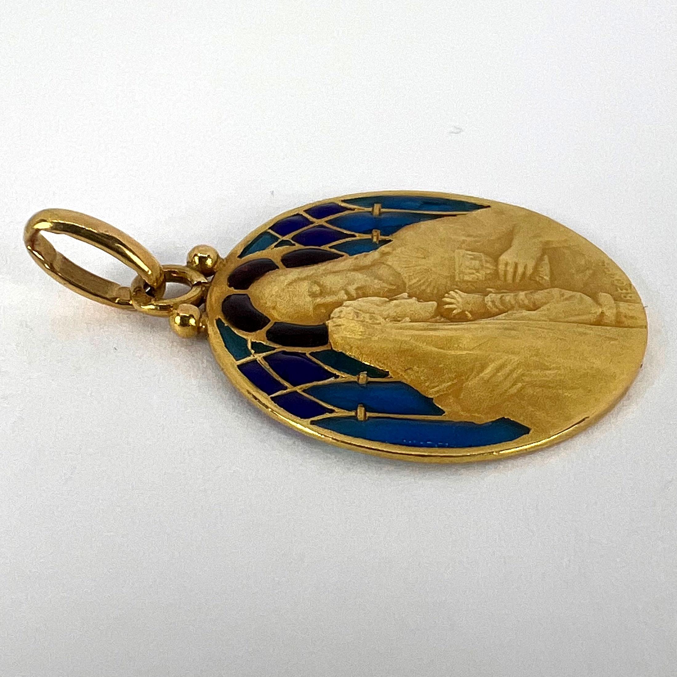 French Becker Holy Communion Plique-A-Jour Enamel 18K Yellow Gold Pendant Medal For Sale 13