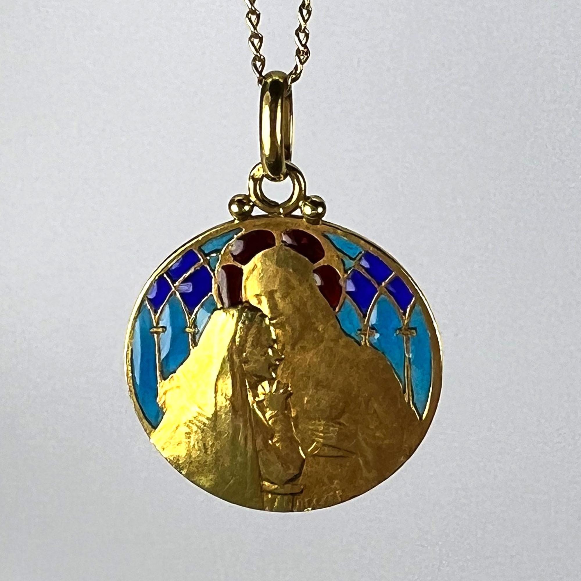 French Becker Holy Communion Plique-A-Jour Enamel 18K Yellow Gold Pendant Medal In Good Condition For Sale In London, GB
