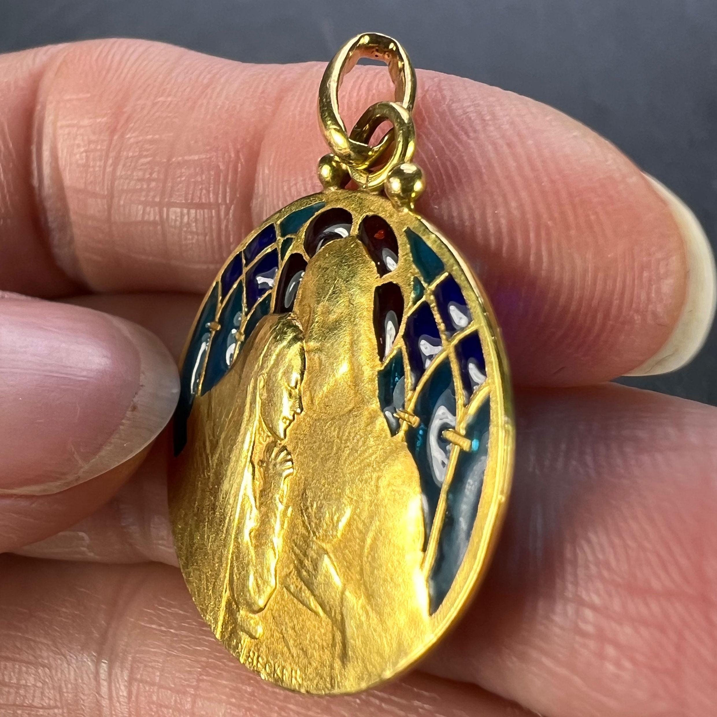 French Becker Holy Communion Plique-A-Jour Enamel 18K Yellow Gold Pendant Medal For Sale 5