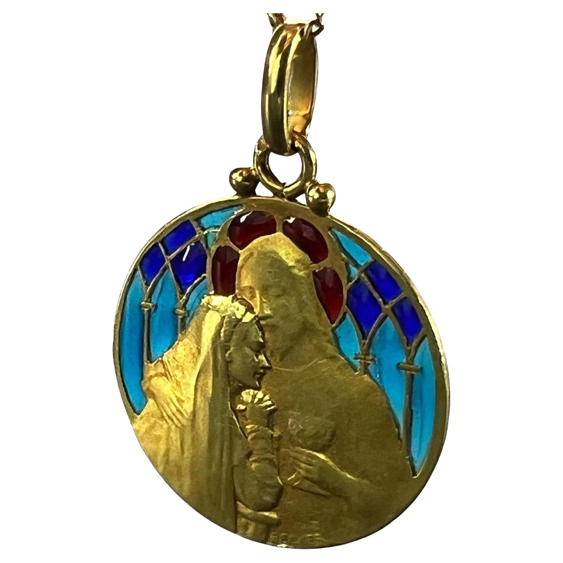 French Becker Holy Communion Plique-A-Jour Enamel 18K Yellow Gold Pendant Medal For Sale