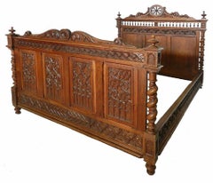 French Bed Antique 19th Century Gothic Carved Oak US Full Double